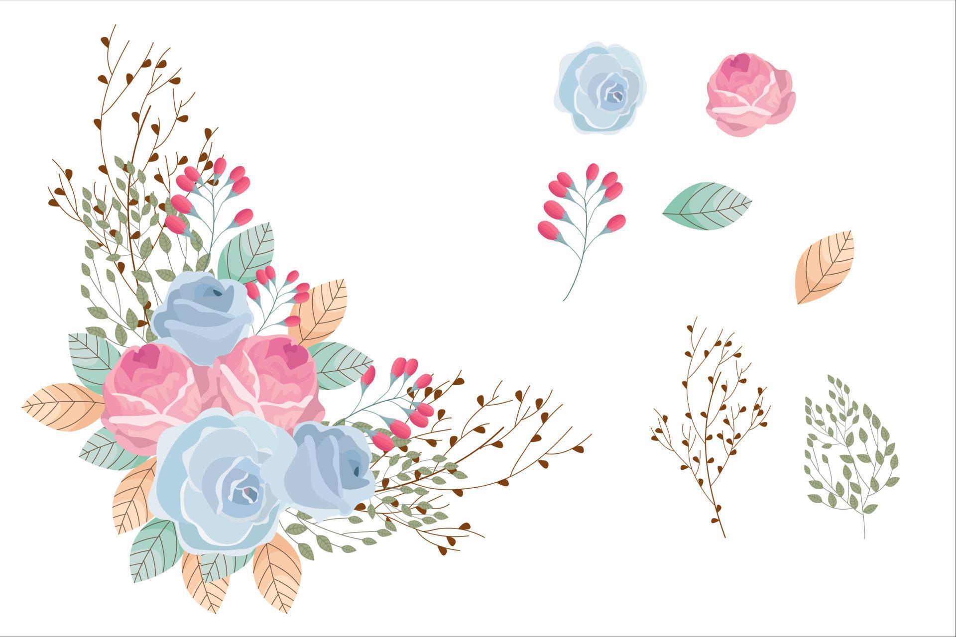 Set of blue pink flowers and green brown leaf clipart isolated Stock Free