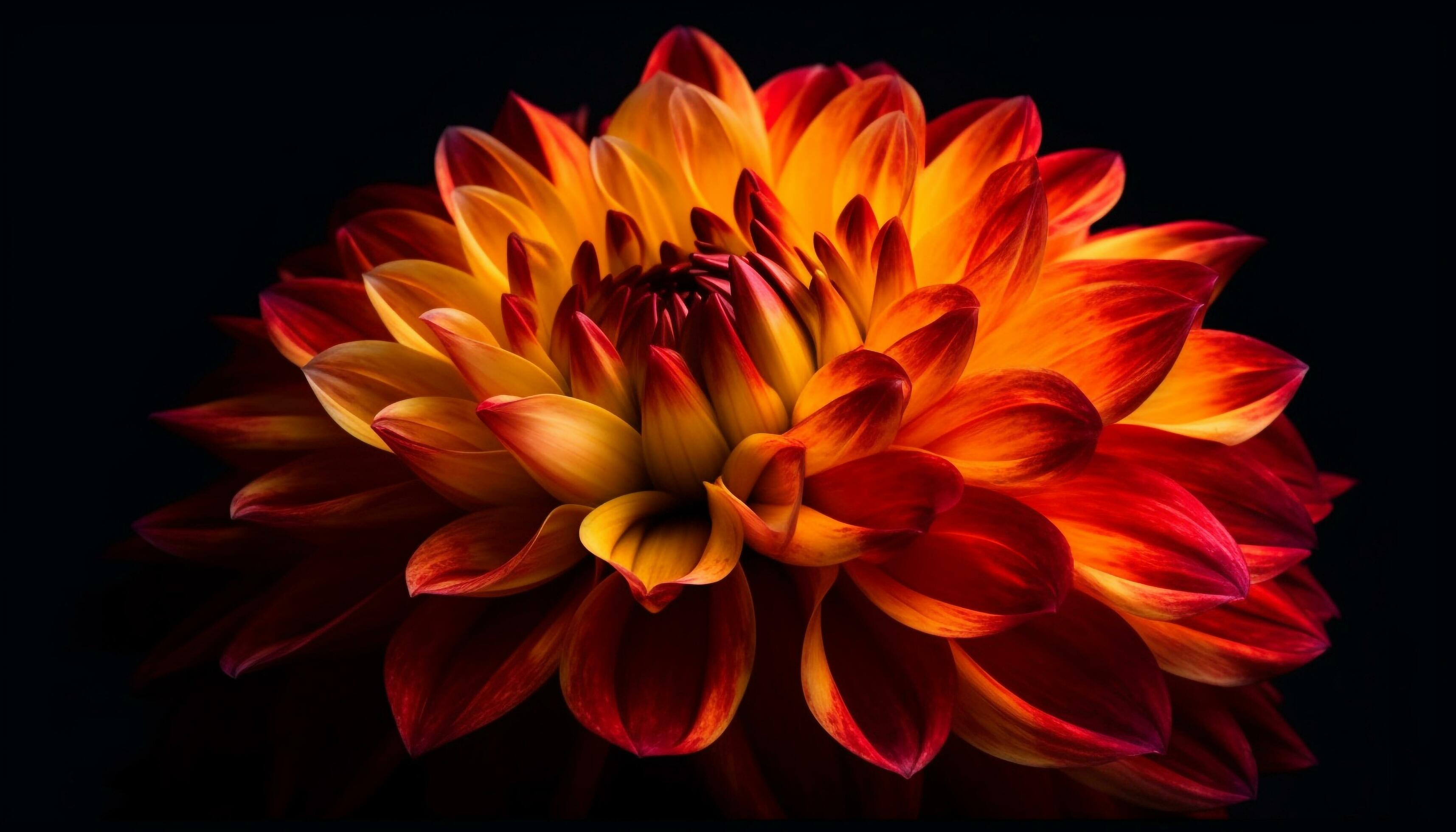 Vibrant colored flower head in macro, on black background generated by AI Stock Free