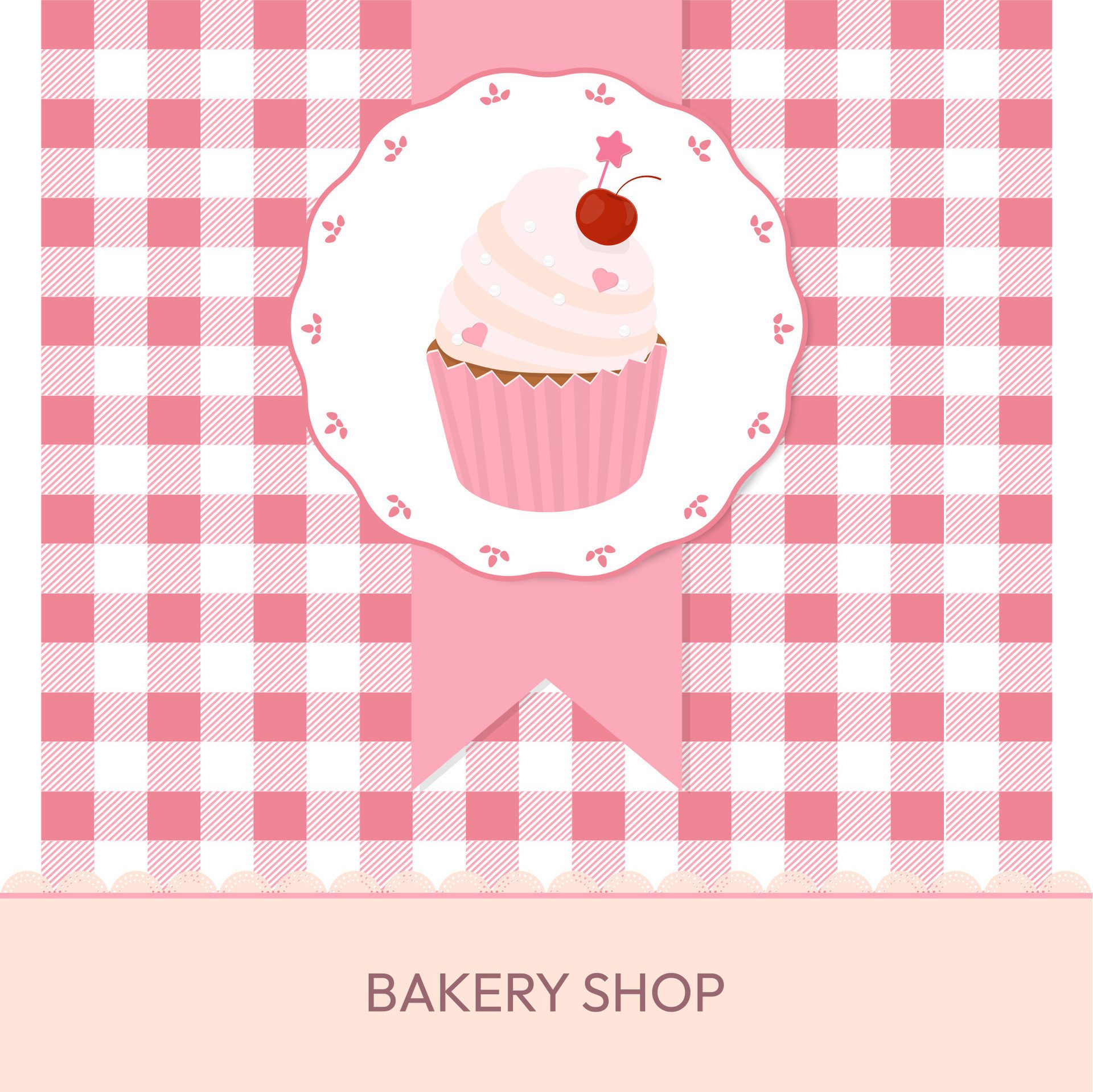 Bakery shop banner with cupcake and pink checkered pattern Free Vector