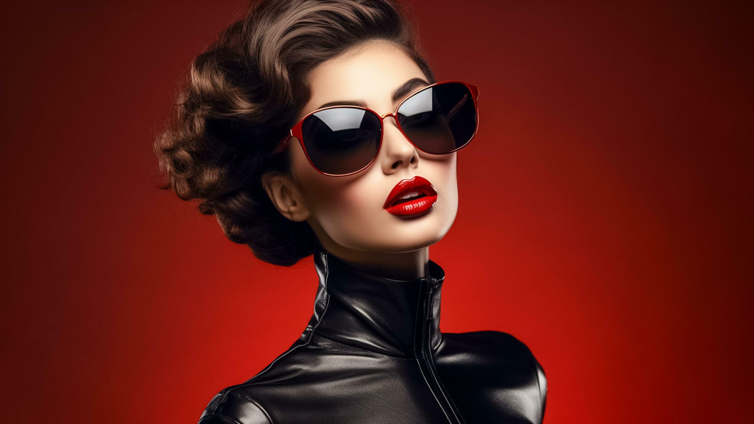 Photo portrait of Cool woman with sunglasses and black jacket on red background AI Generated Free Photo