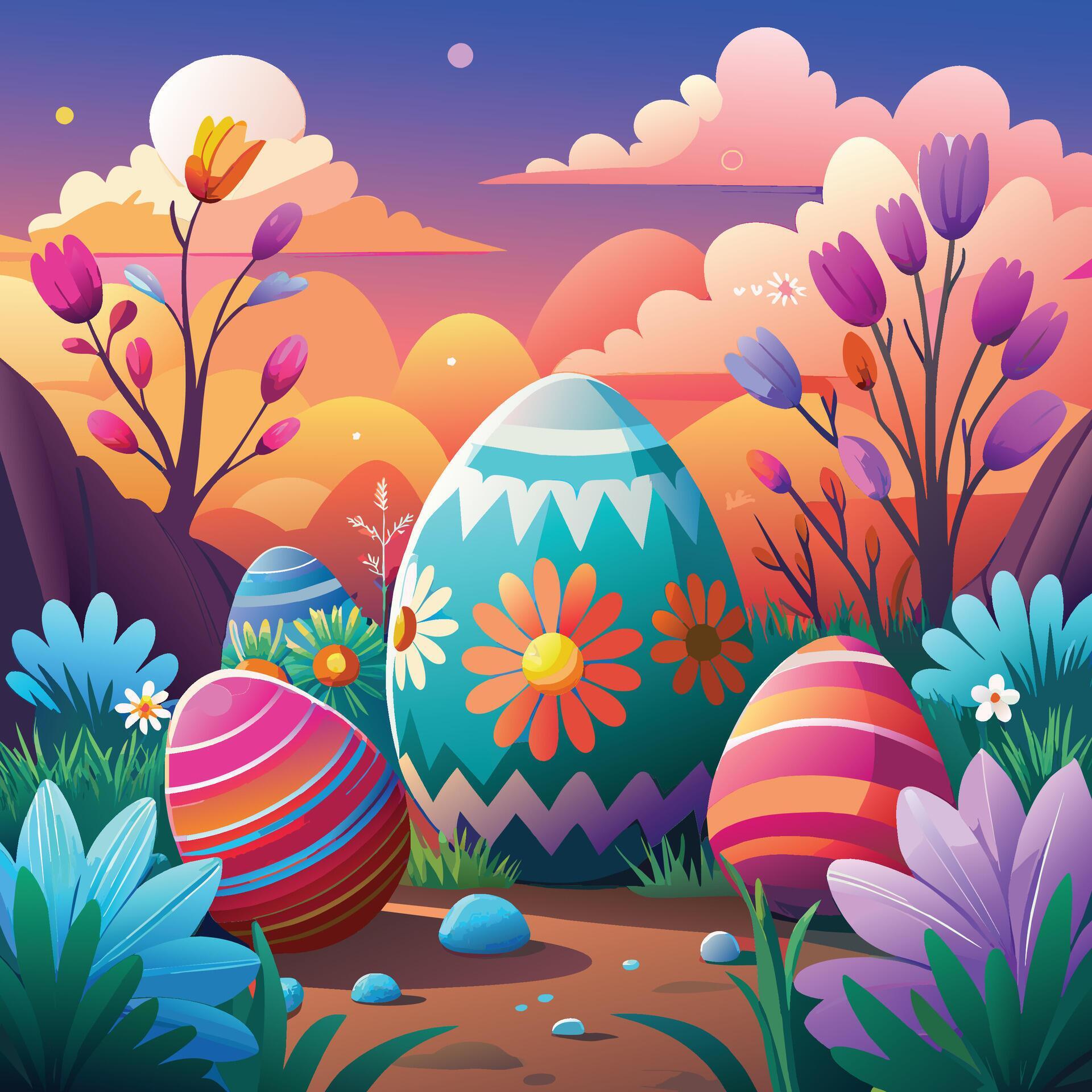 Easter eggs and flowers in the garden vector illustration graphic design. Stock Free