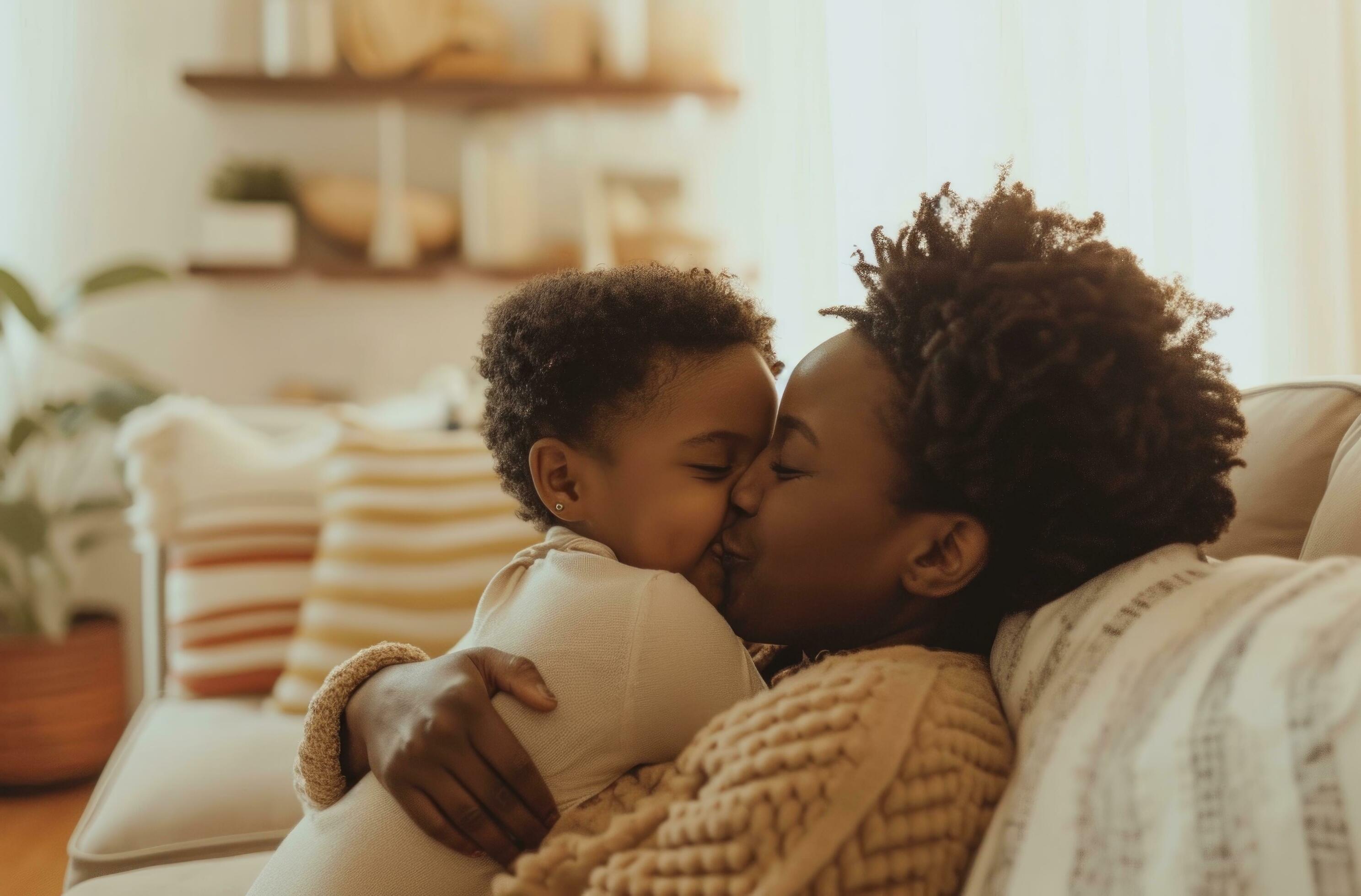 AI generated parent and kid kissing on couch in family room Stock Free