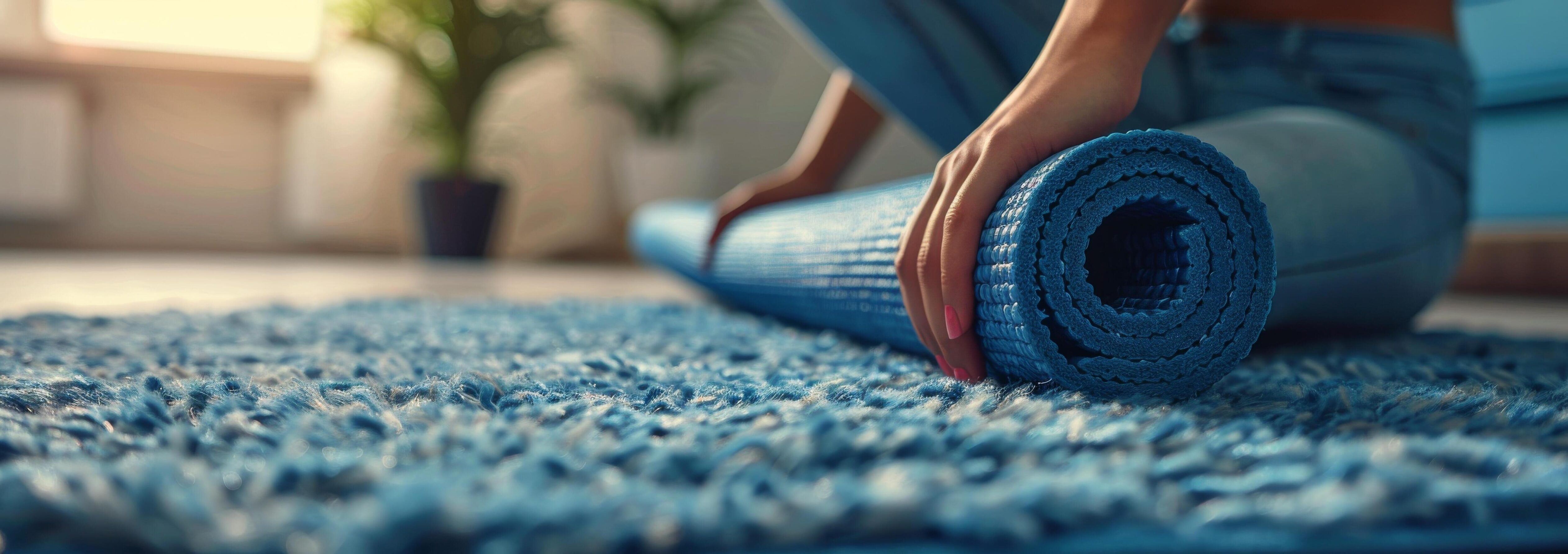 Person Rolling Up Blue Yoga Mat on Floor Indoors Stock Free