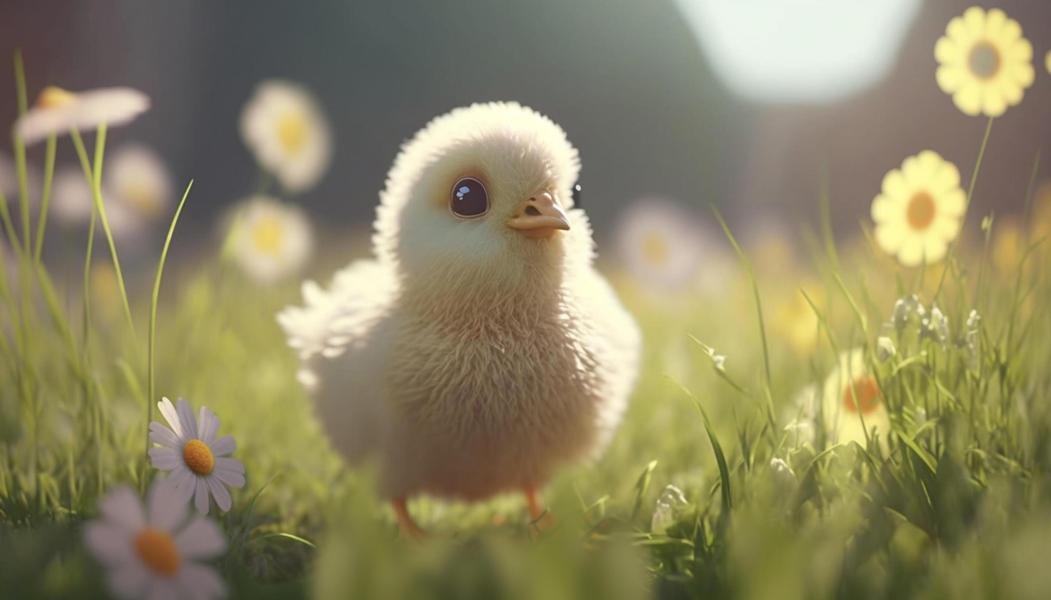 Adorable Young Chick on a Spring Flower Field Stock Free