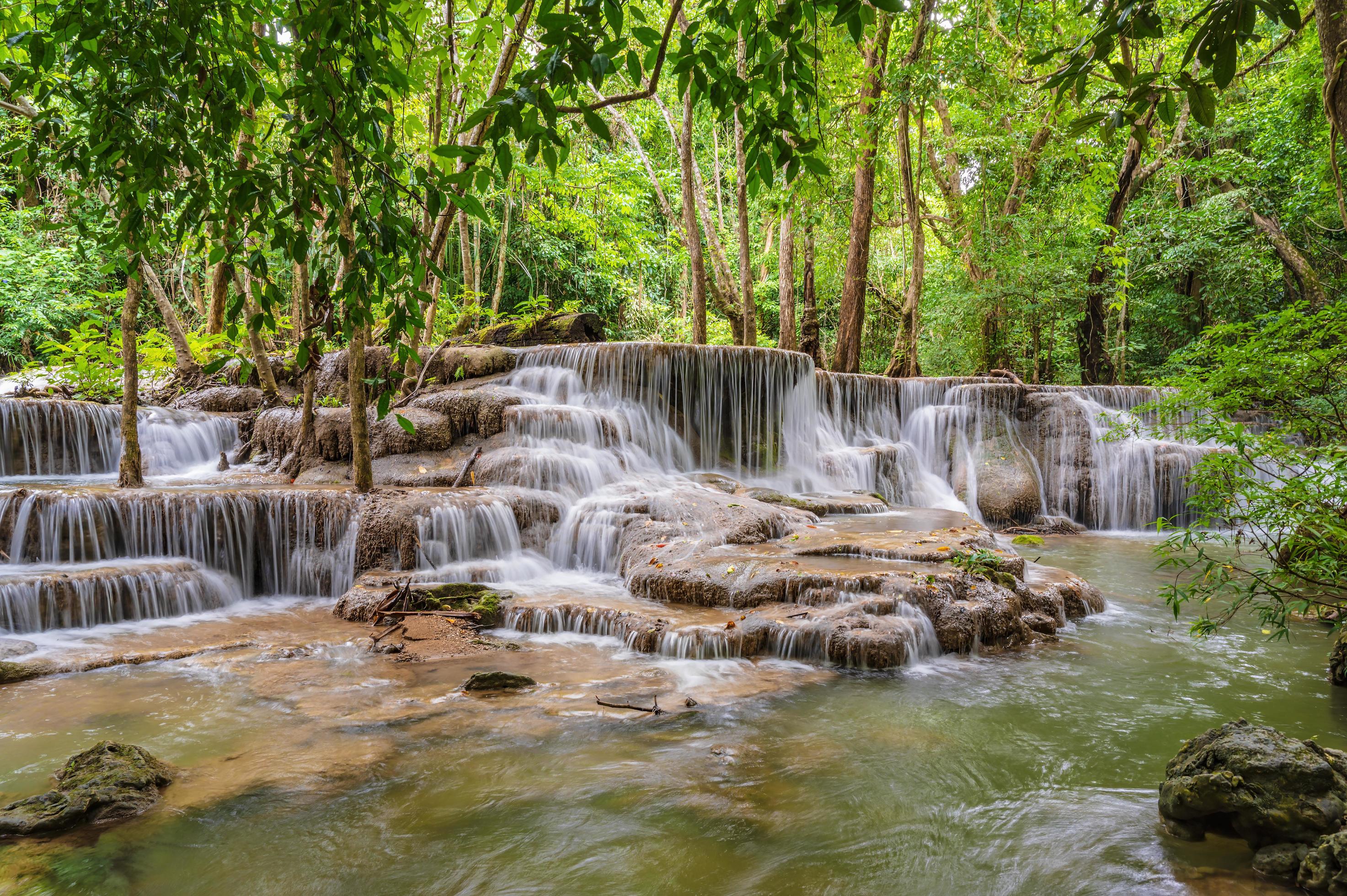 Landscape of Huai mae khamin waterfall Srinakarin national park at Kanchanaburi thailand.Huai mae khamin waterfall sixth floor Dong Phi Sue Stock Free