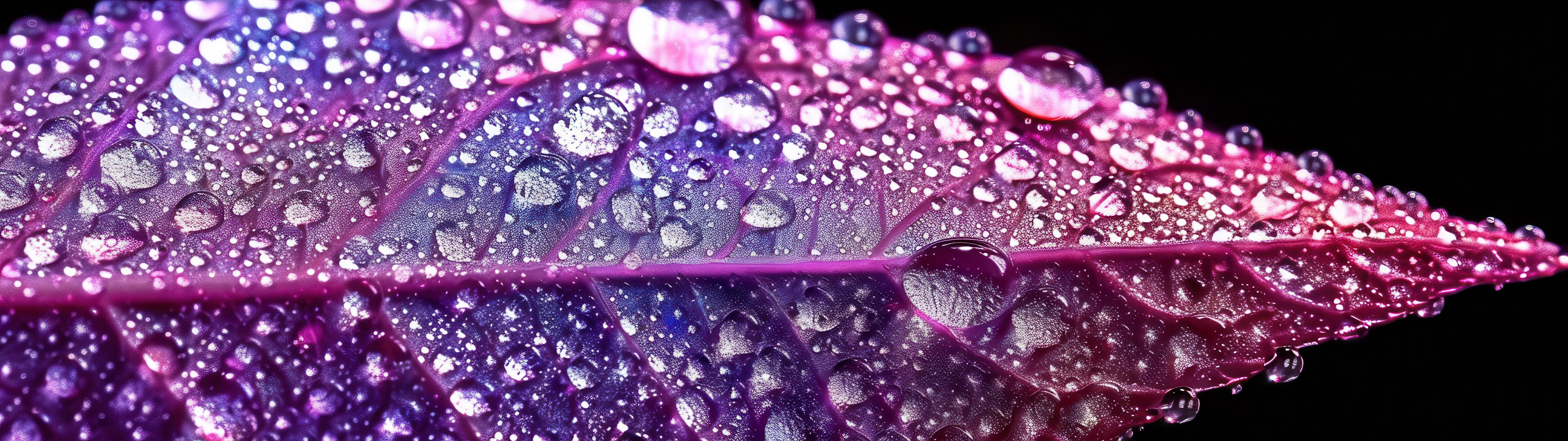 Close-up macro shot of water droplets glistening on a purple leaf against a black background Stock Free