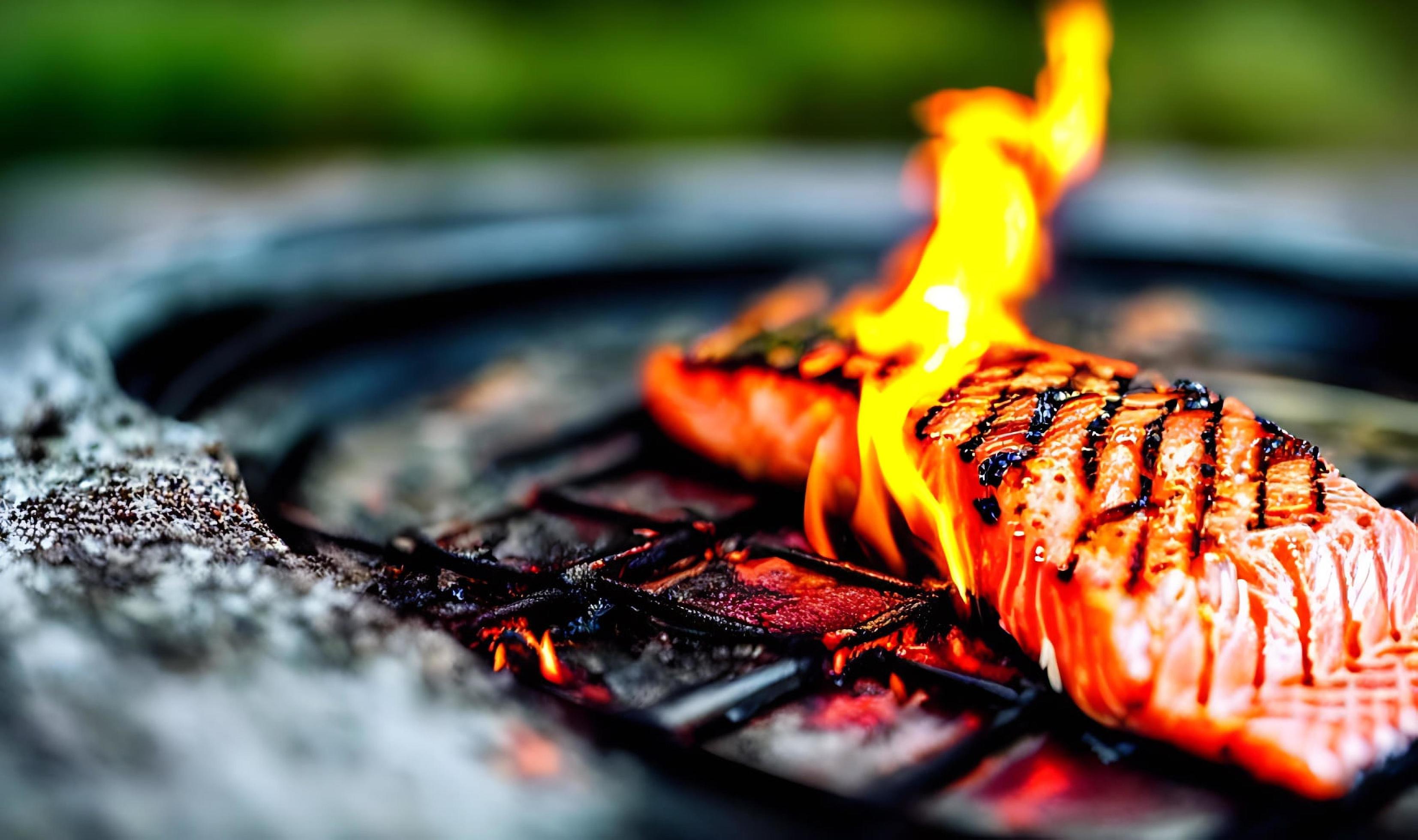 Grilled salmon. Healthy food baked salmon. Hot fish dish. Stock Free