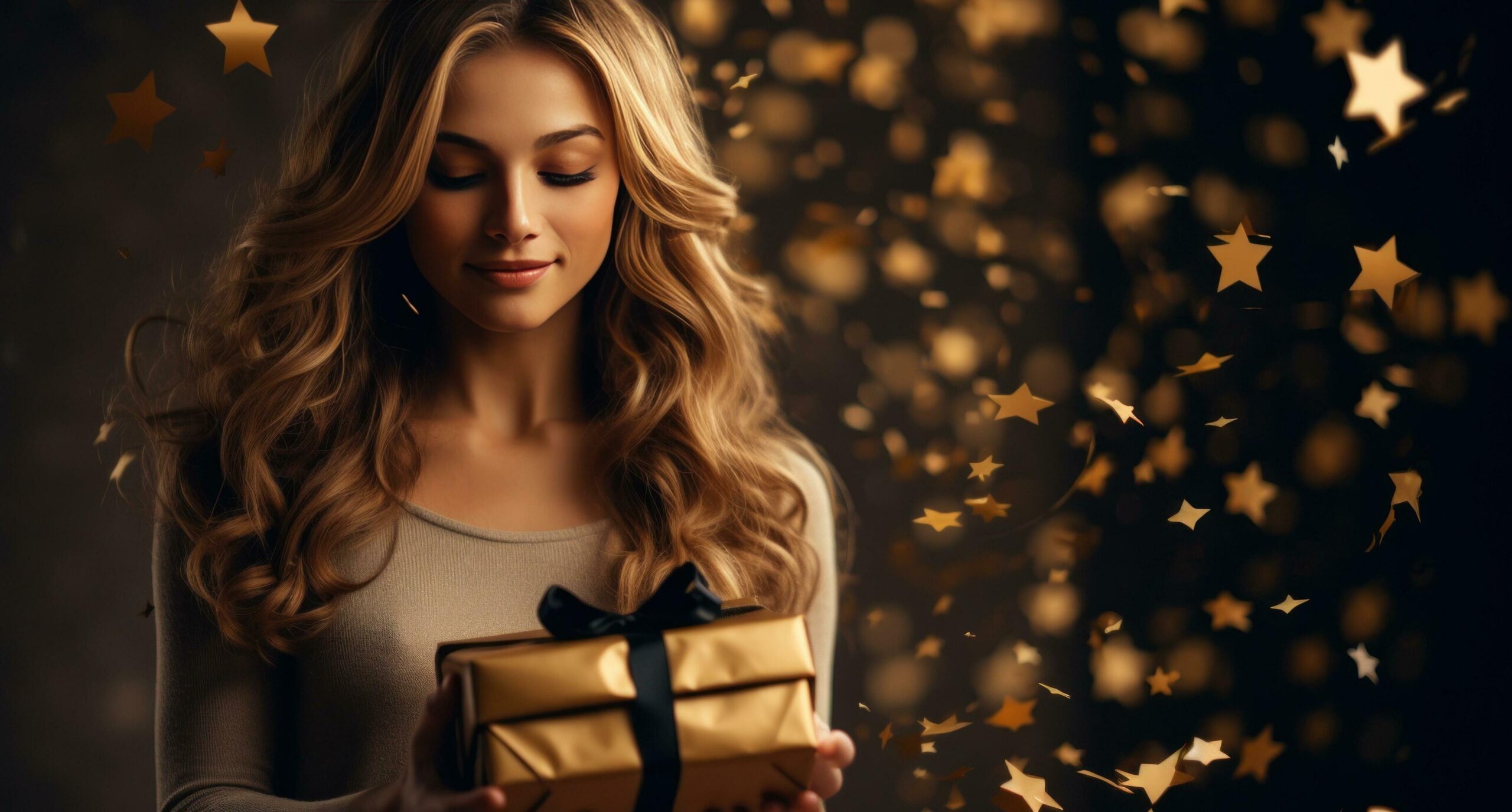 a woman holding a gift box with white stars with confetti for an elegant Free Photo