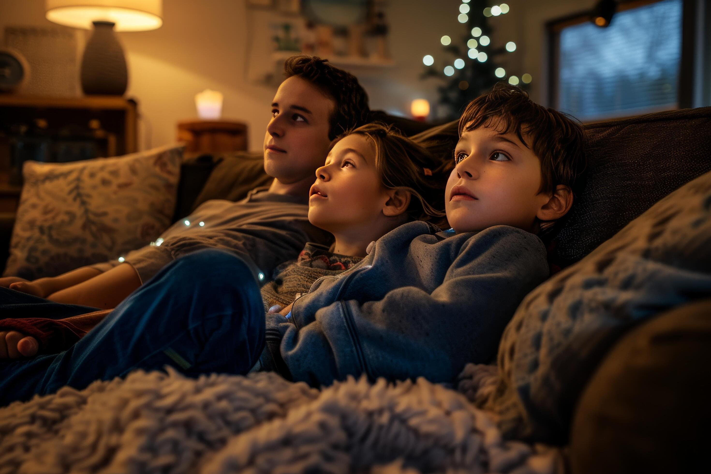 A family is sitting on a couch and watching a movie Stock Free