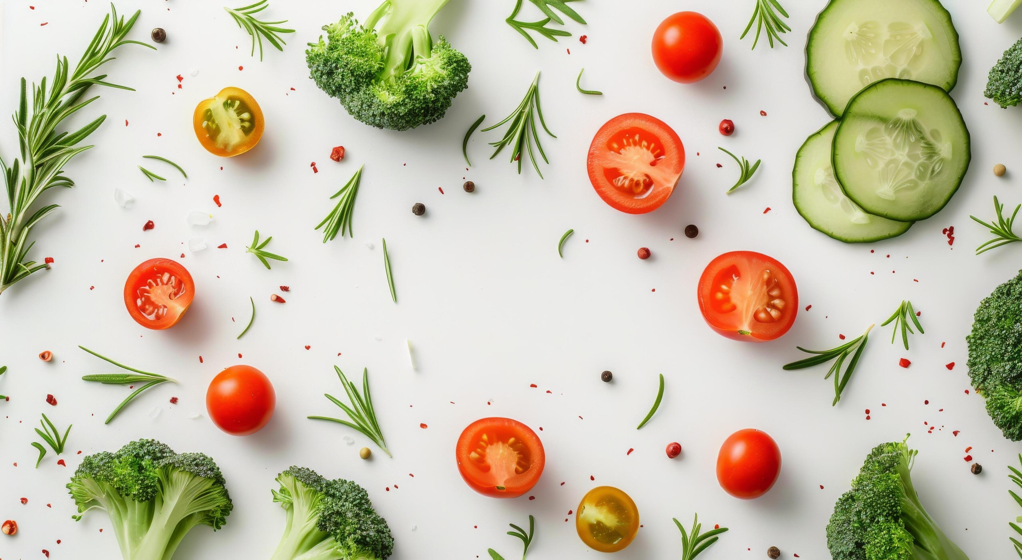 Fresh Broccoli, Tomatoes, Cucumber, and Rosemary Sprouts on White Background Stock Free