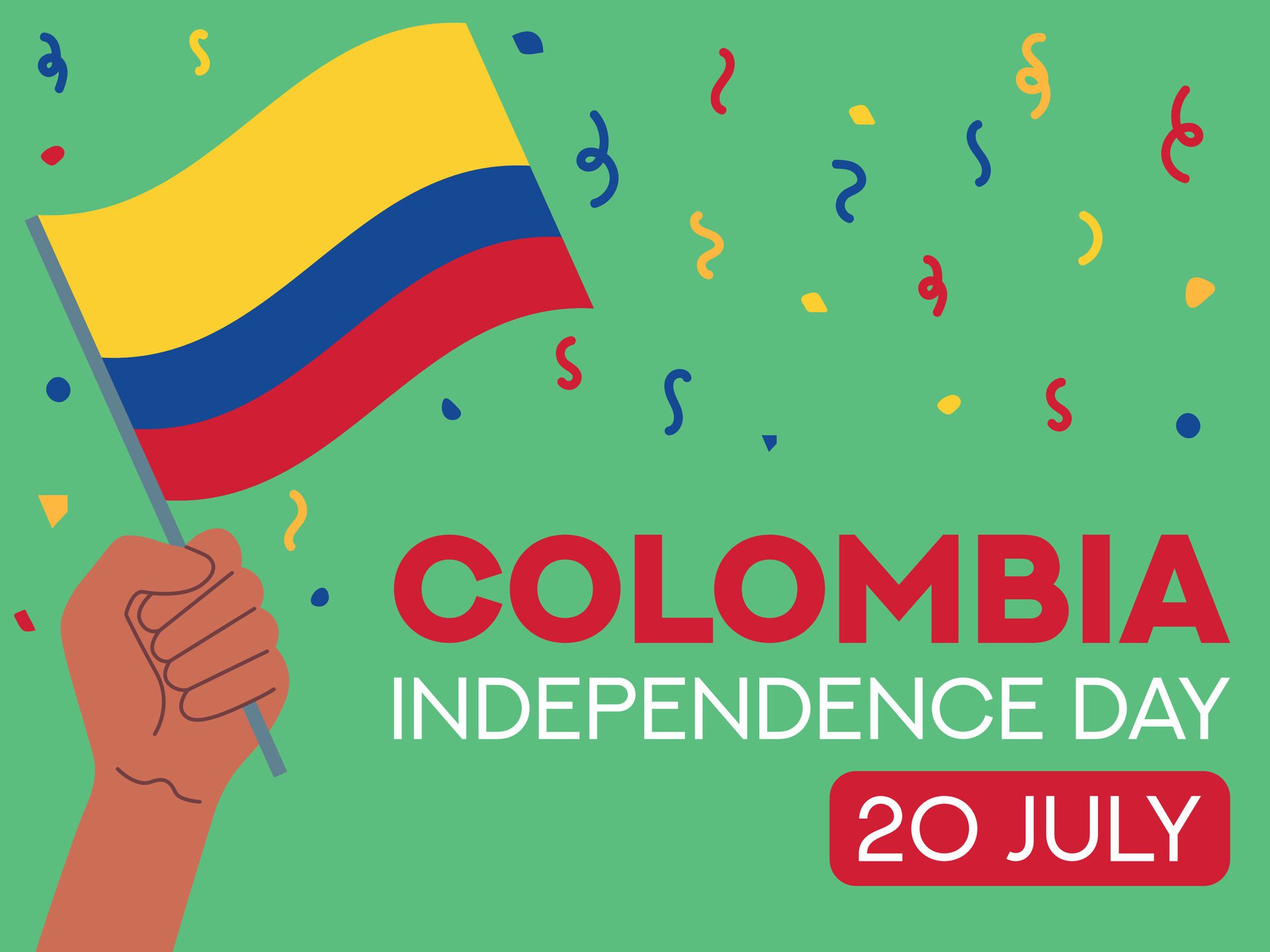 Colombia independence day 20 July. Colombia flag in hand. Greeting card, poster, banner template Free Vector