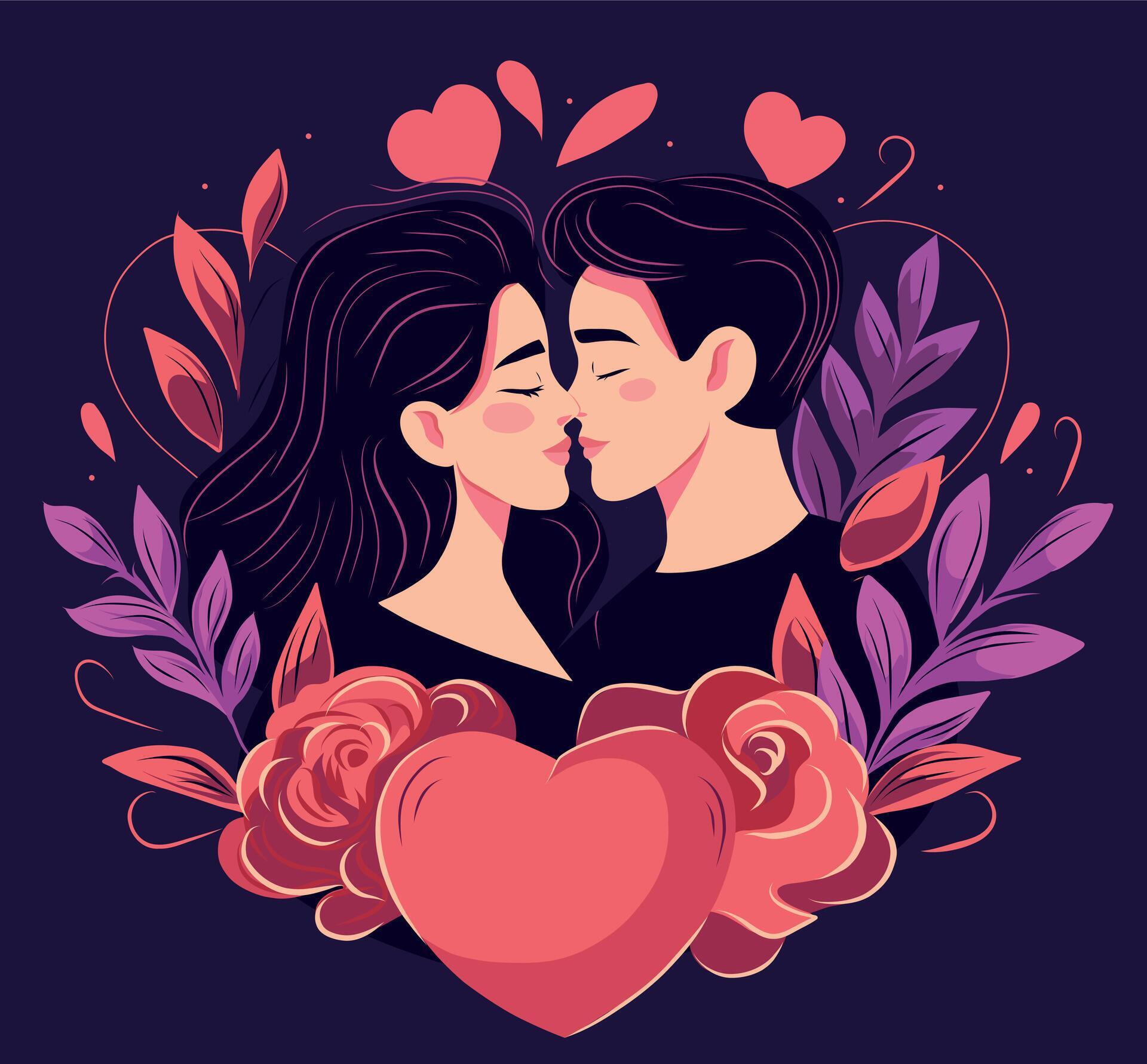 Vector illustration of Valentine’s Day, beautiful guy and girl hugging, kissing, love, hearts, on a background of flowers. Holiday concept on dark background Stock Free