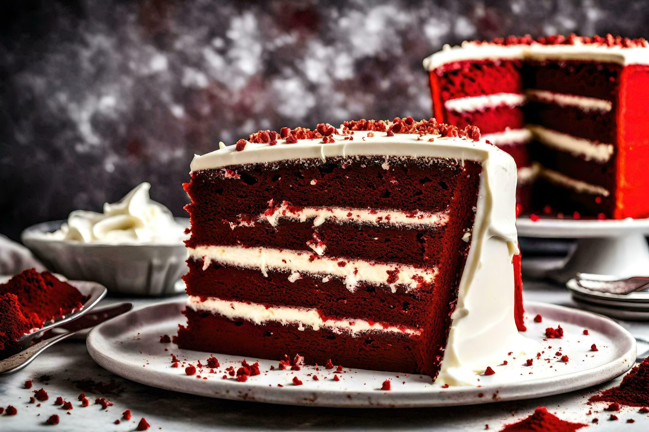 a slice of red velvet cake on a plate Free Photo