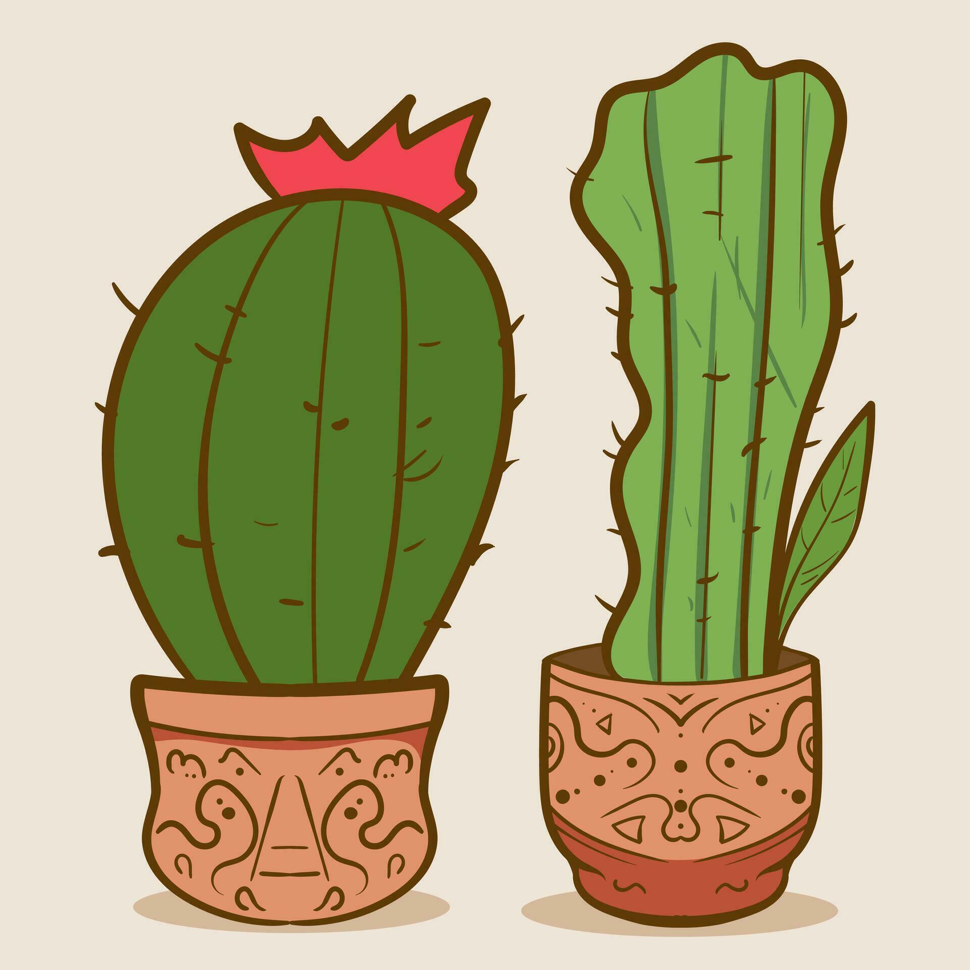 Plant room green cactus. Cute green cactus in flower pots Flat, cartoon style. Vector illustration white background. Element design. Stock Free