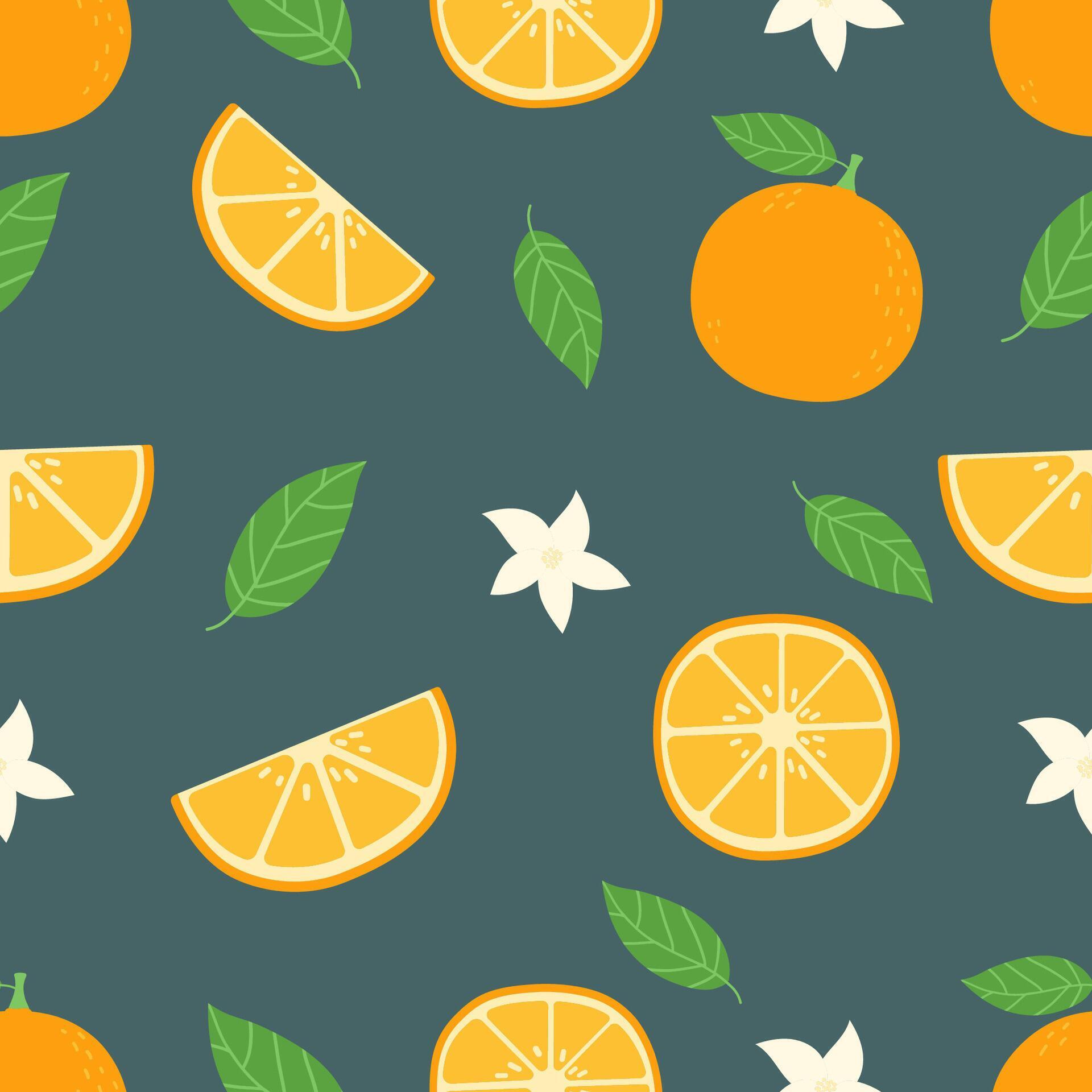 Seamless pattern with hand drawn orange , leaves and flowers. Fruit background vector illustration Stock Free