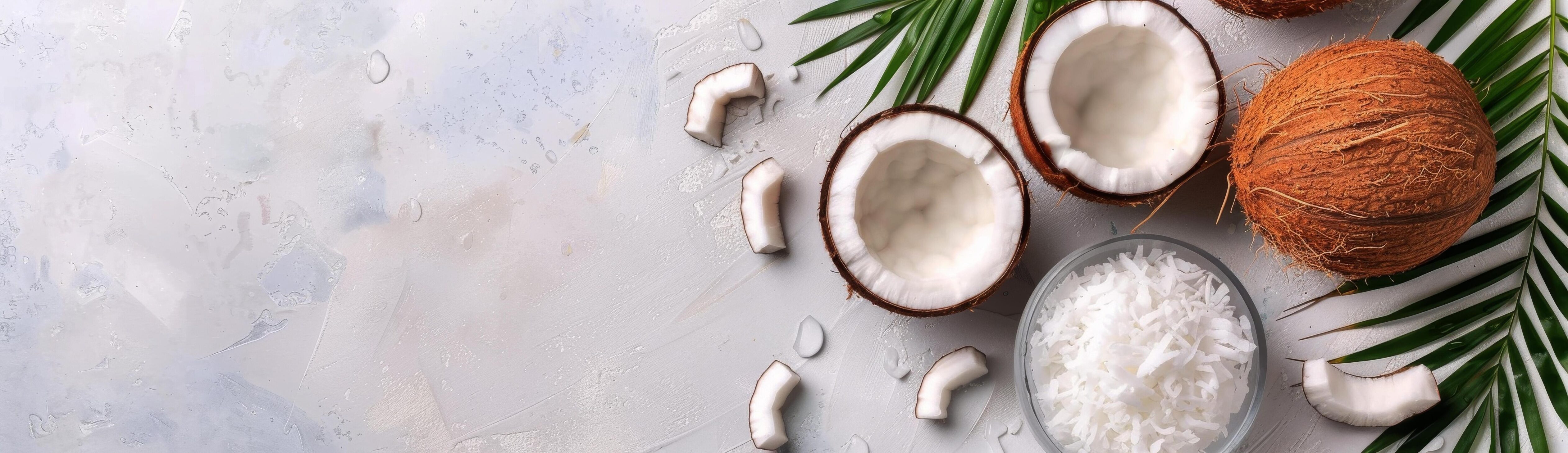 Coconut Halves and Palm Leaf on White Background Stock Free