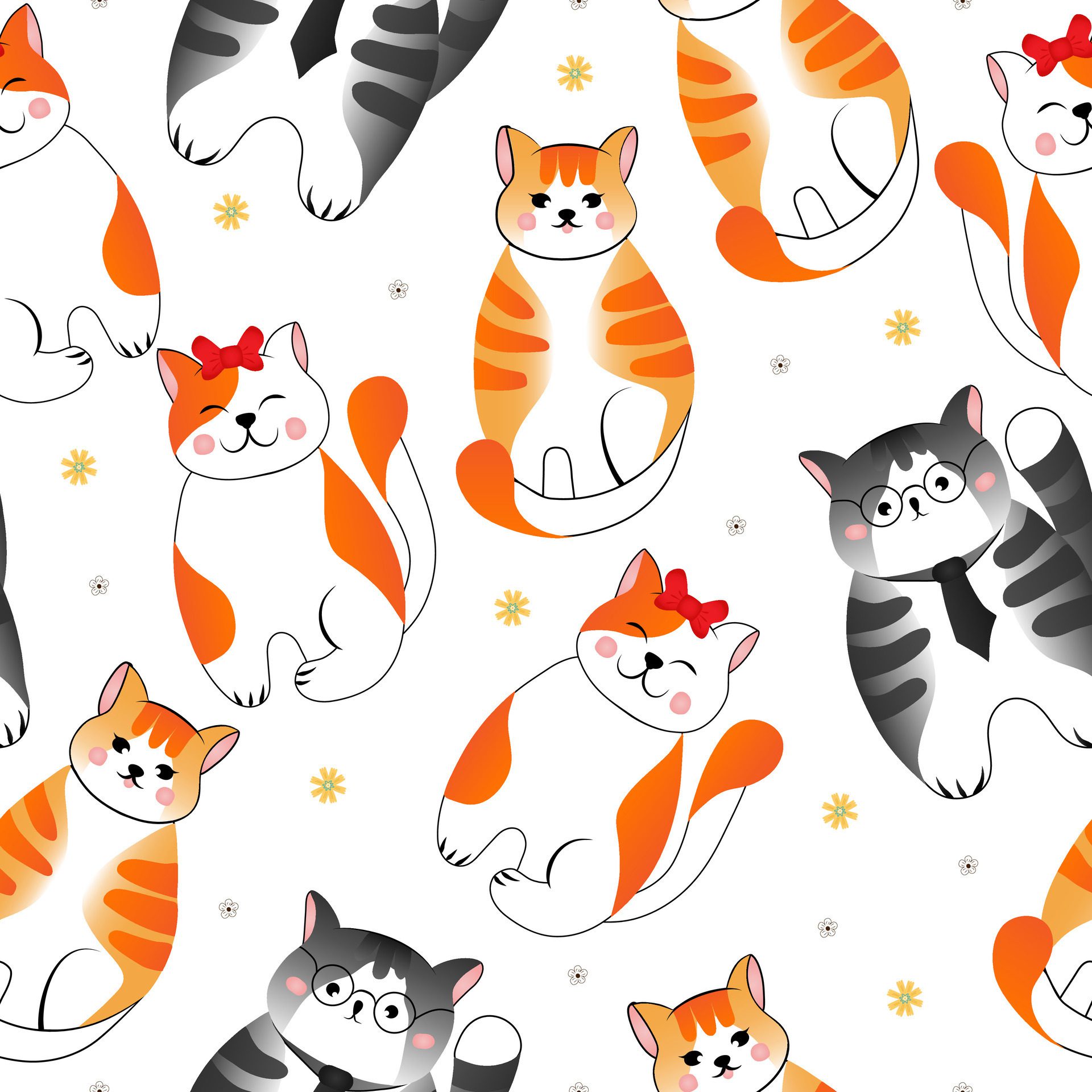 Seamless pattern with many different red, grey cats on white background. Illustration for children. Free Vector