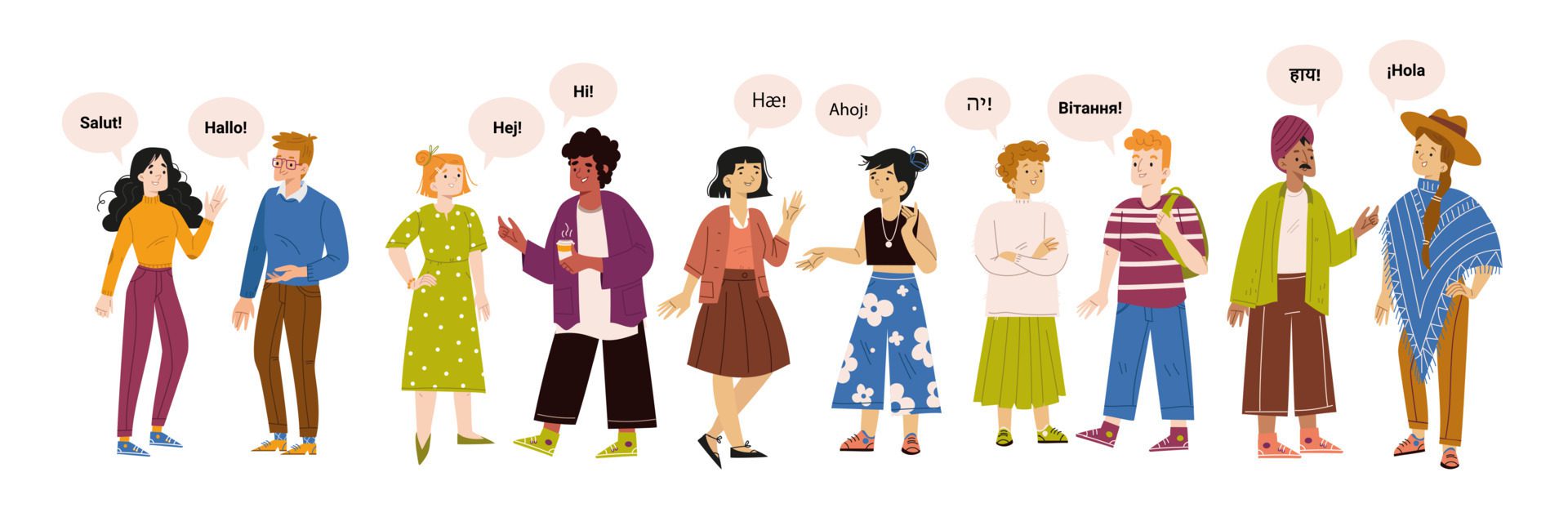 Diverse multilingual people group saying hello Free Vector