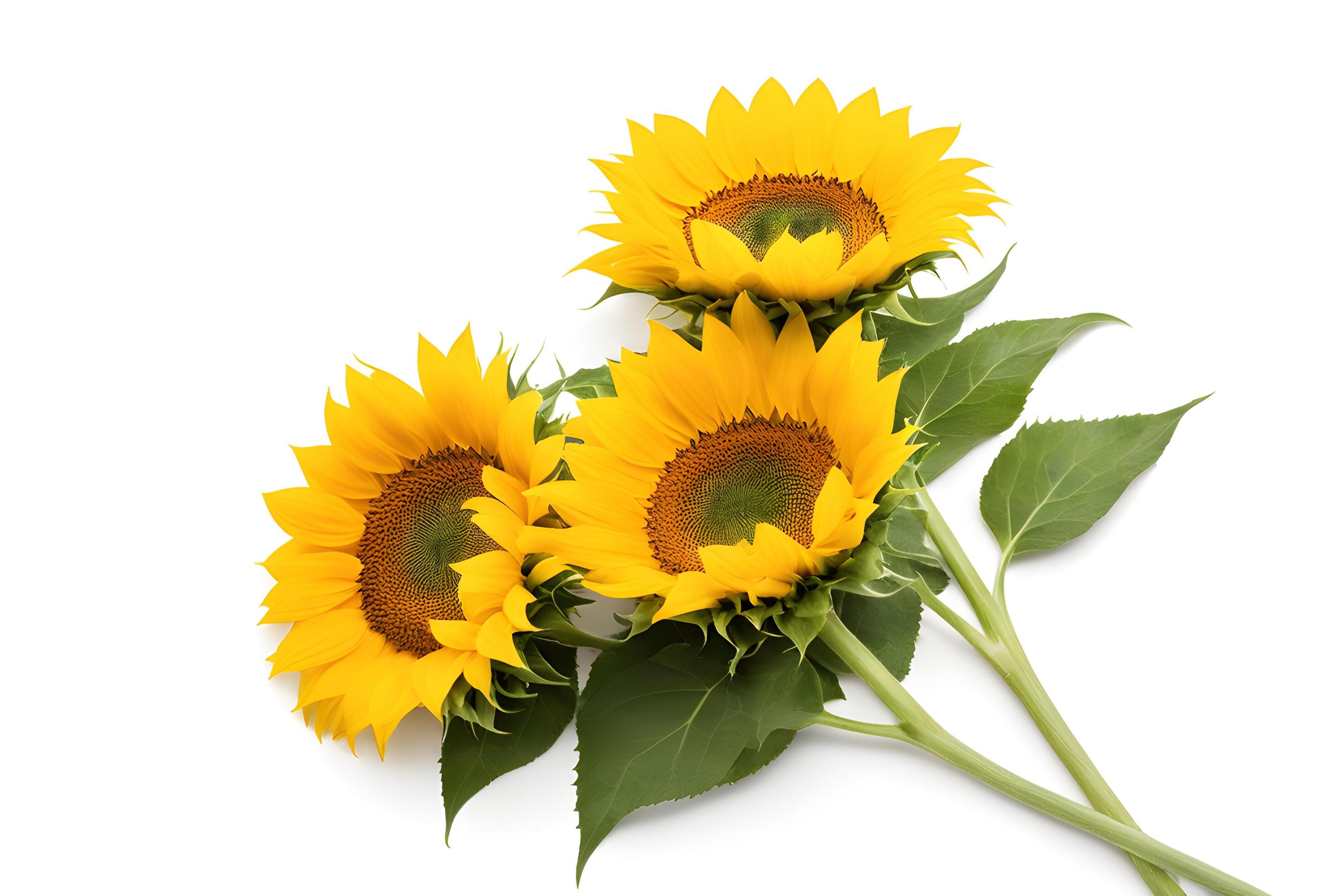 Flat lay of three blossom sunflower isolated on white background. Seeds and oil. flower object on center composition, Clipping path Stock Free