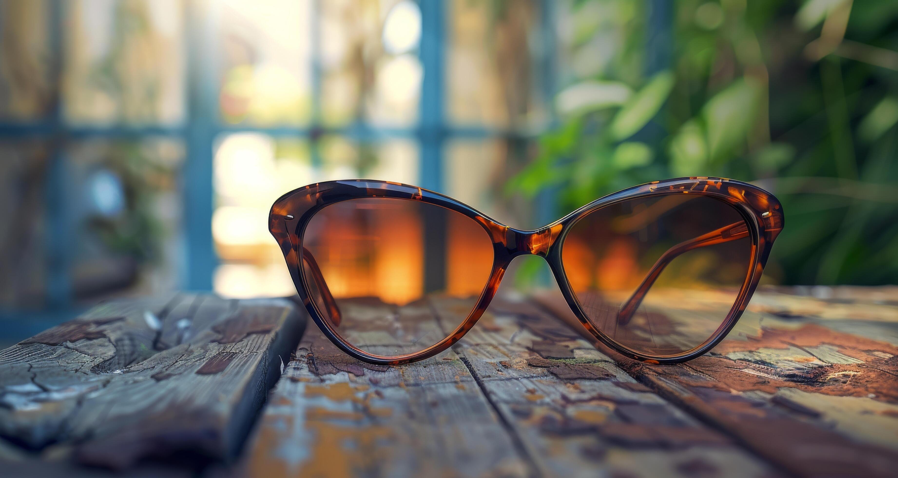 Brown Cat-Eye Sunglasses Resting on a Wooden Surface With a Blurry Sunlit Background Stock Free