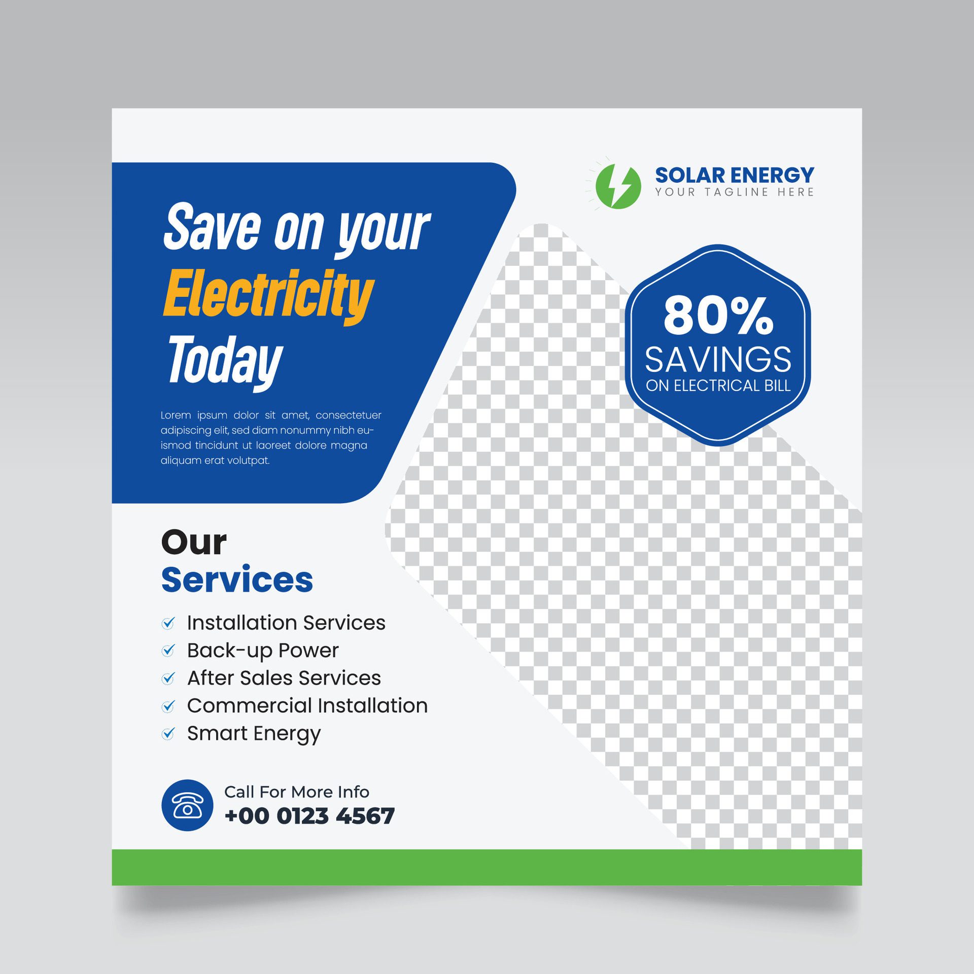 Renewable and sustainable solar energy square social media post flyer and web banner template. Free Vector