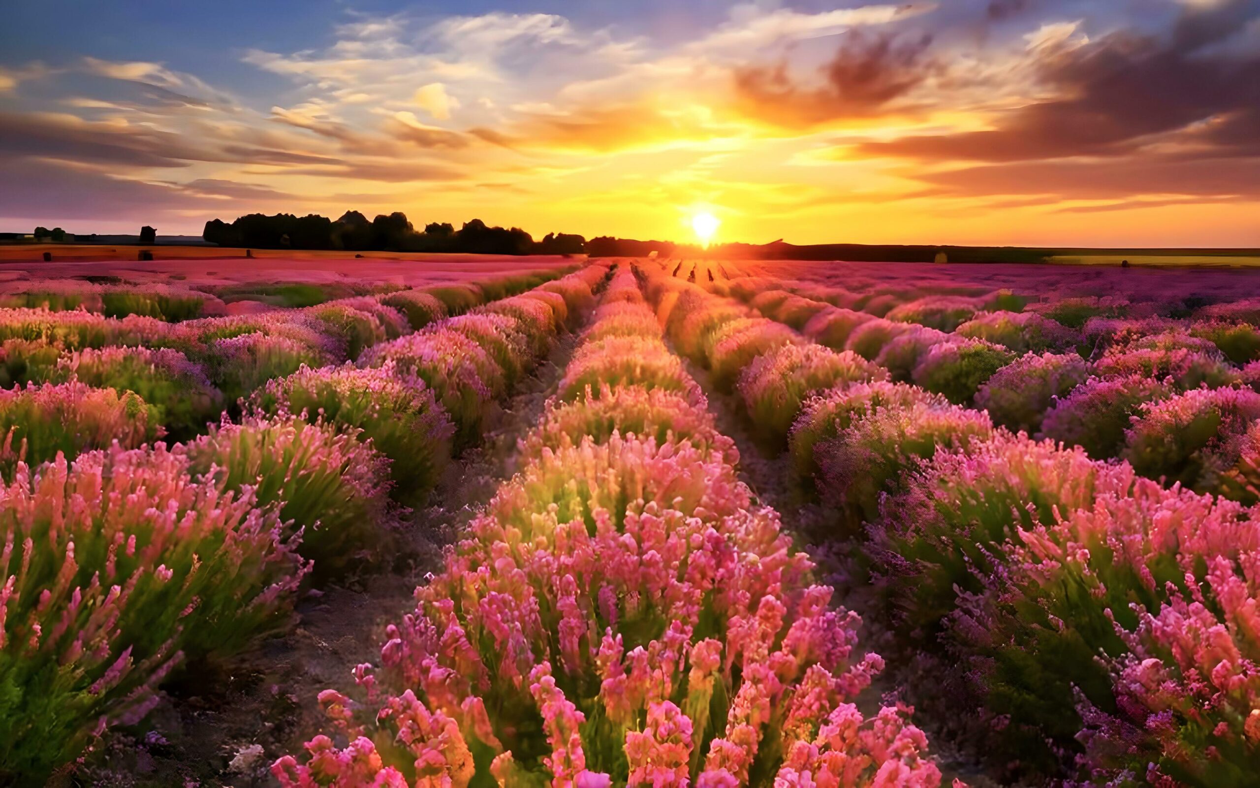 A beautiful Lavender flower garden with sunset view Free Photo