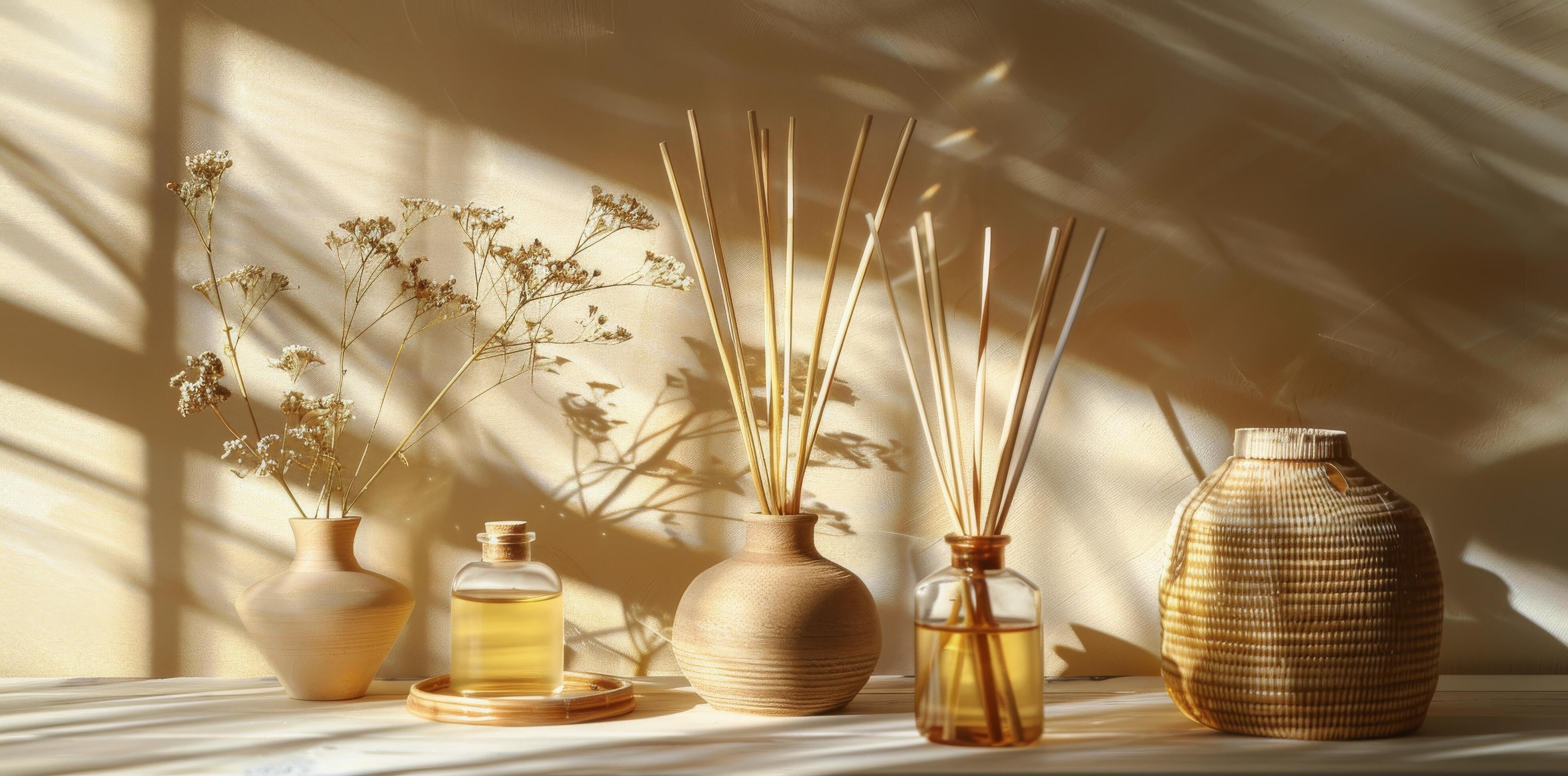 Decorative Reed Diffuser Bottles and Dried Pampas Grass in Sunlight Stock Free