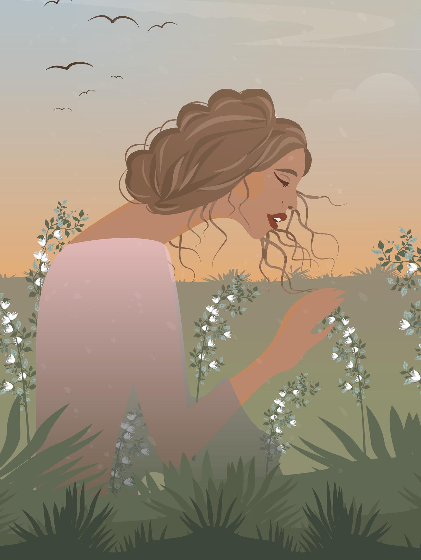 Vector illustration landscape of a beautiful girl woman in a field with flowers nature spring autumn summer Stock Free