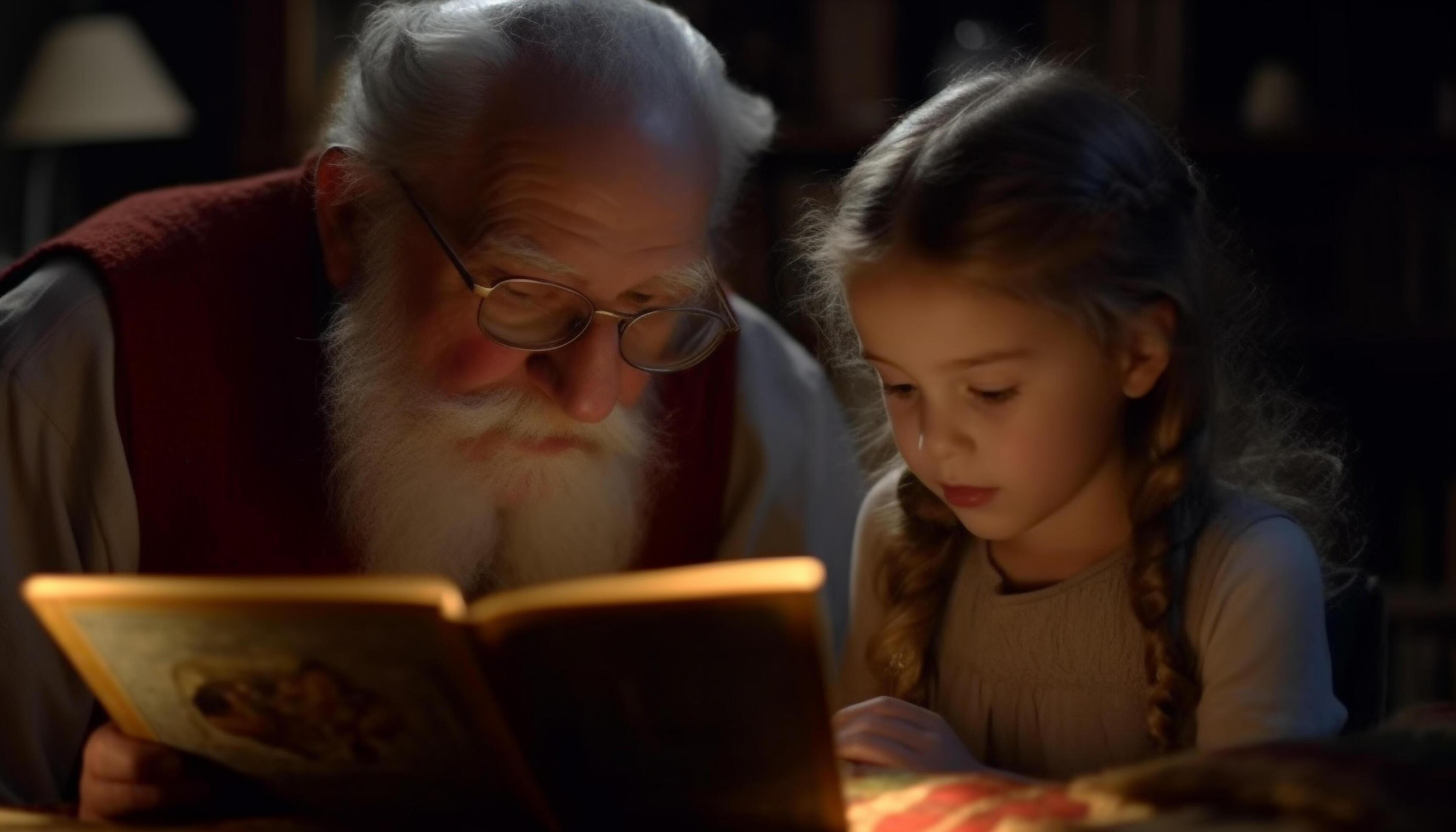 Multi generation family bonding over literature, learning, and religion indoors generated by AI Stock Free