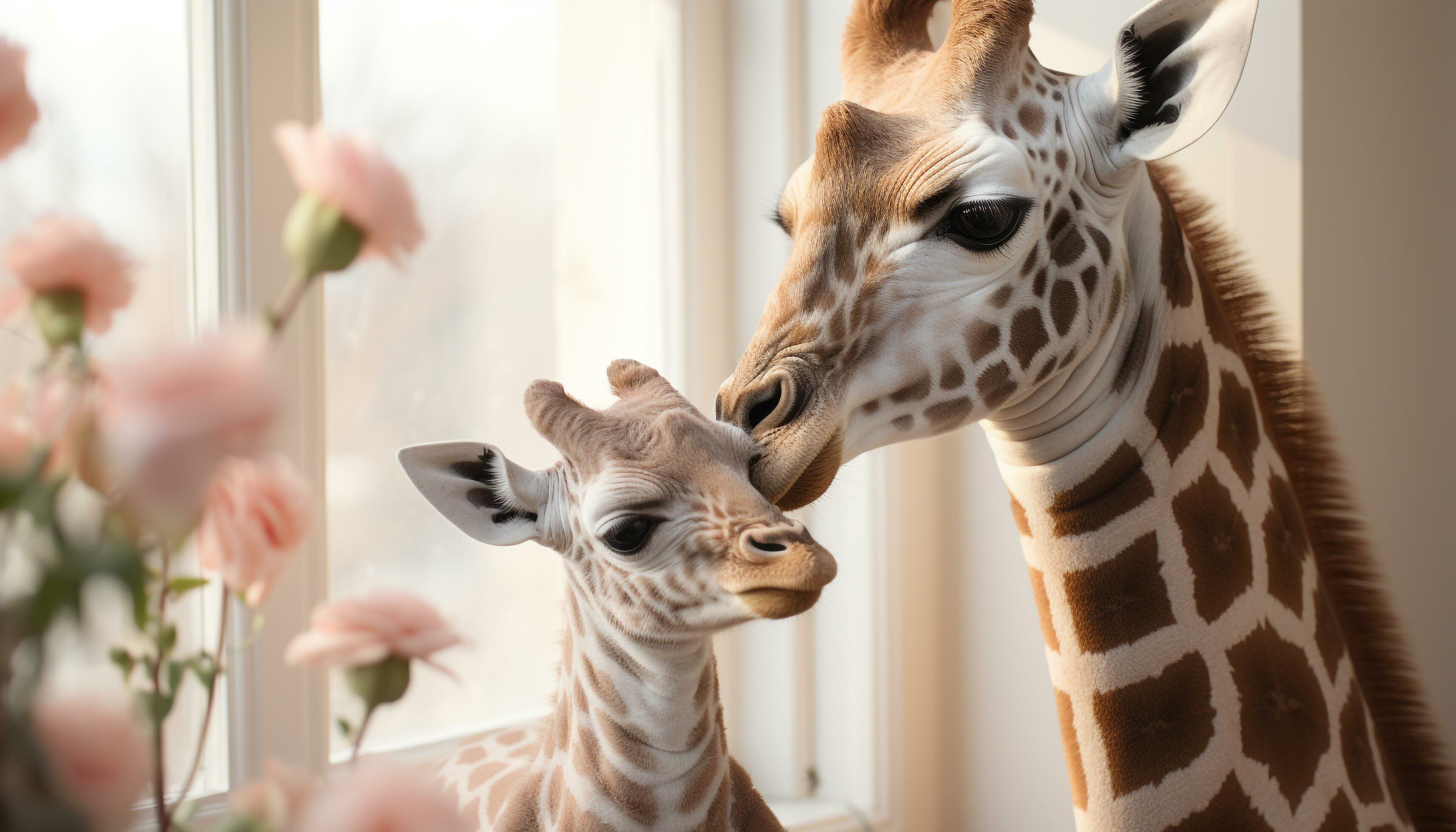 AI generated Cute giraffe family kissing, enjoying the beauty of nature generated by AI Stock Free