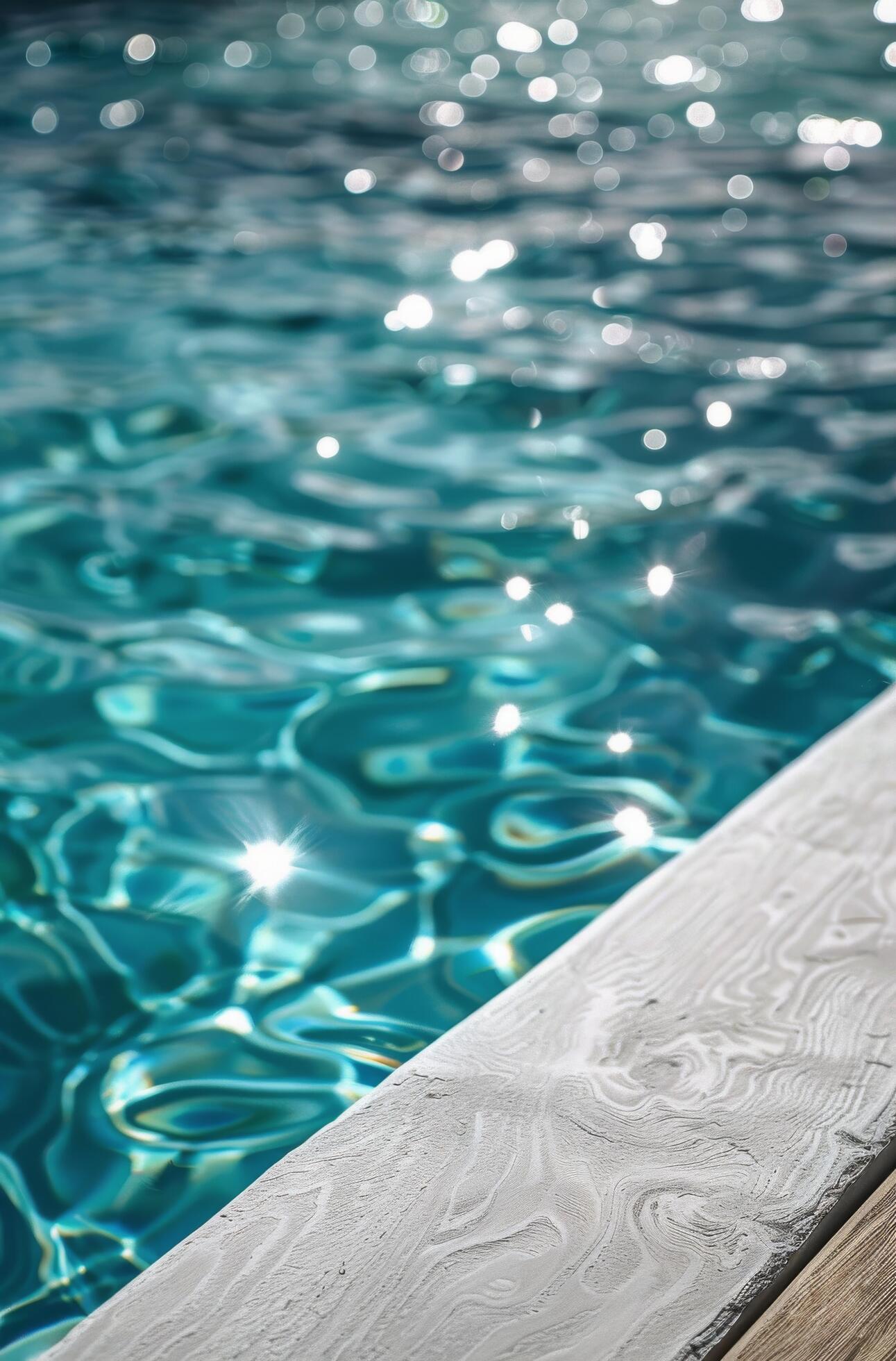 Close-Up View of a Wooden Deck Bordering a Blue Swimming Pool Stock Free