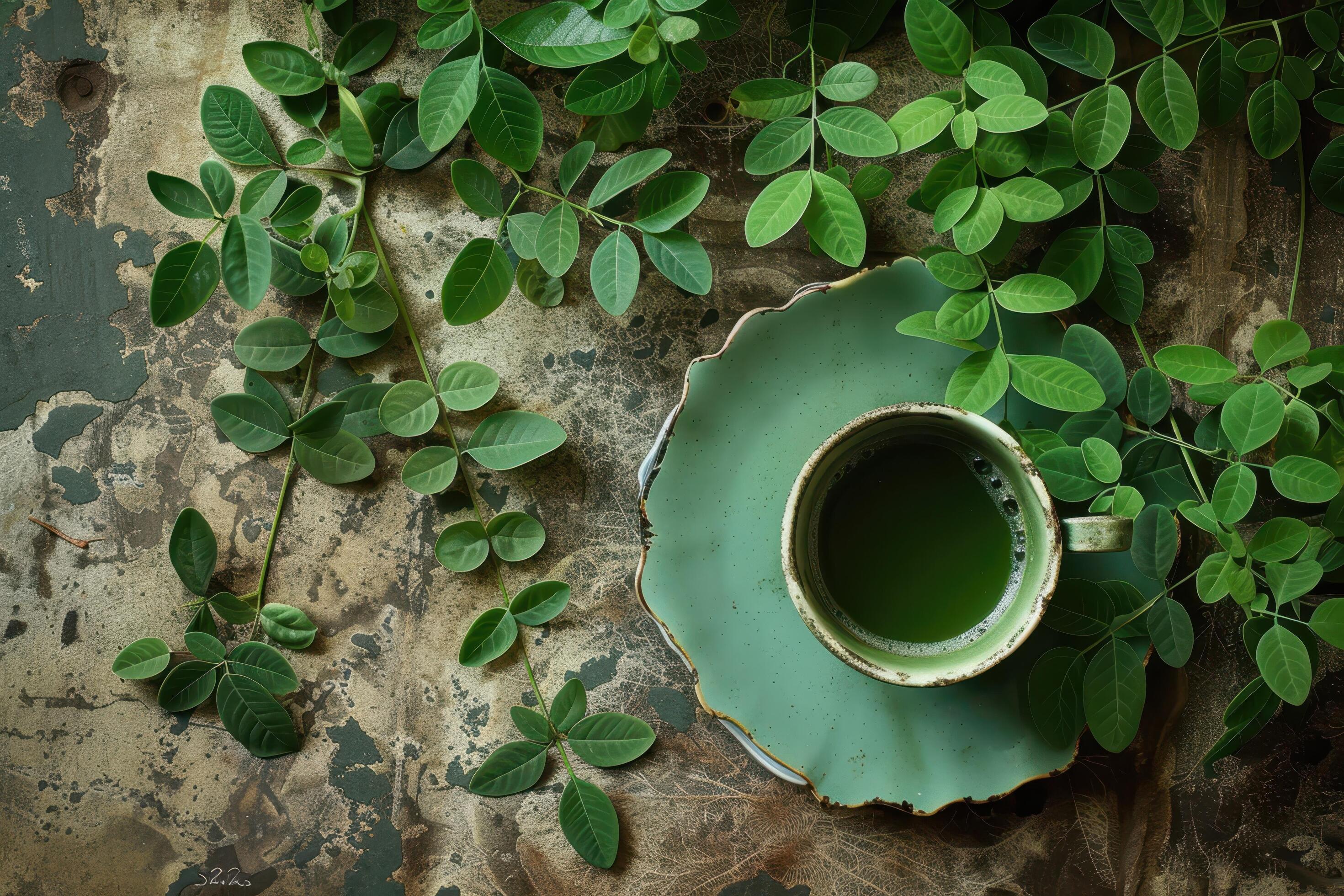 Green Tea in a Cup on Rustic Background with Leaves Stock Free