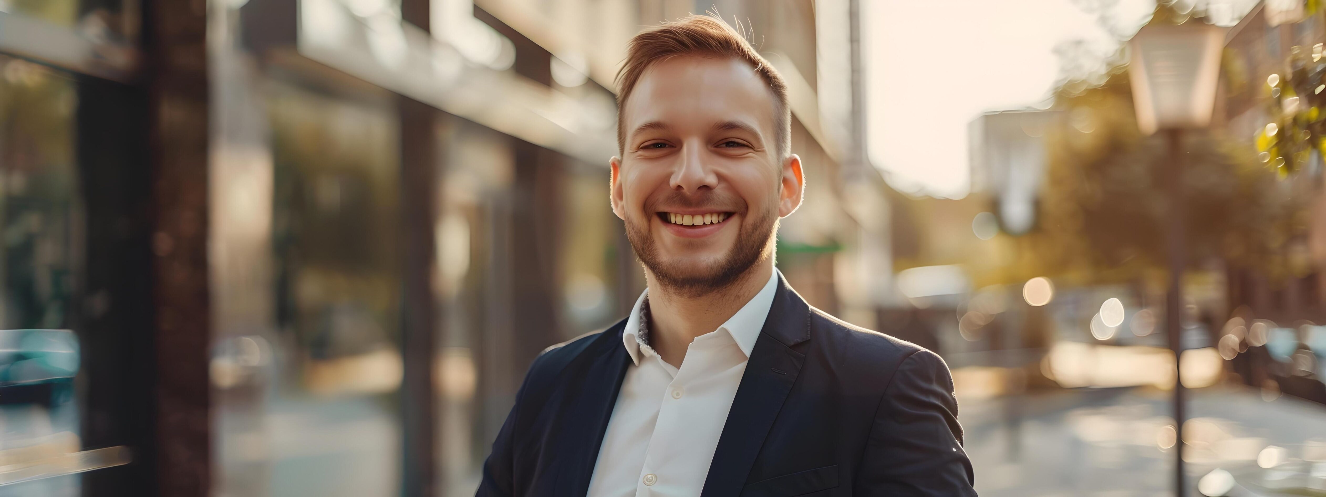 Successful Young Professional Businessman Smiling Confidently on Urban City Street Stock Free