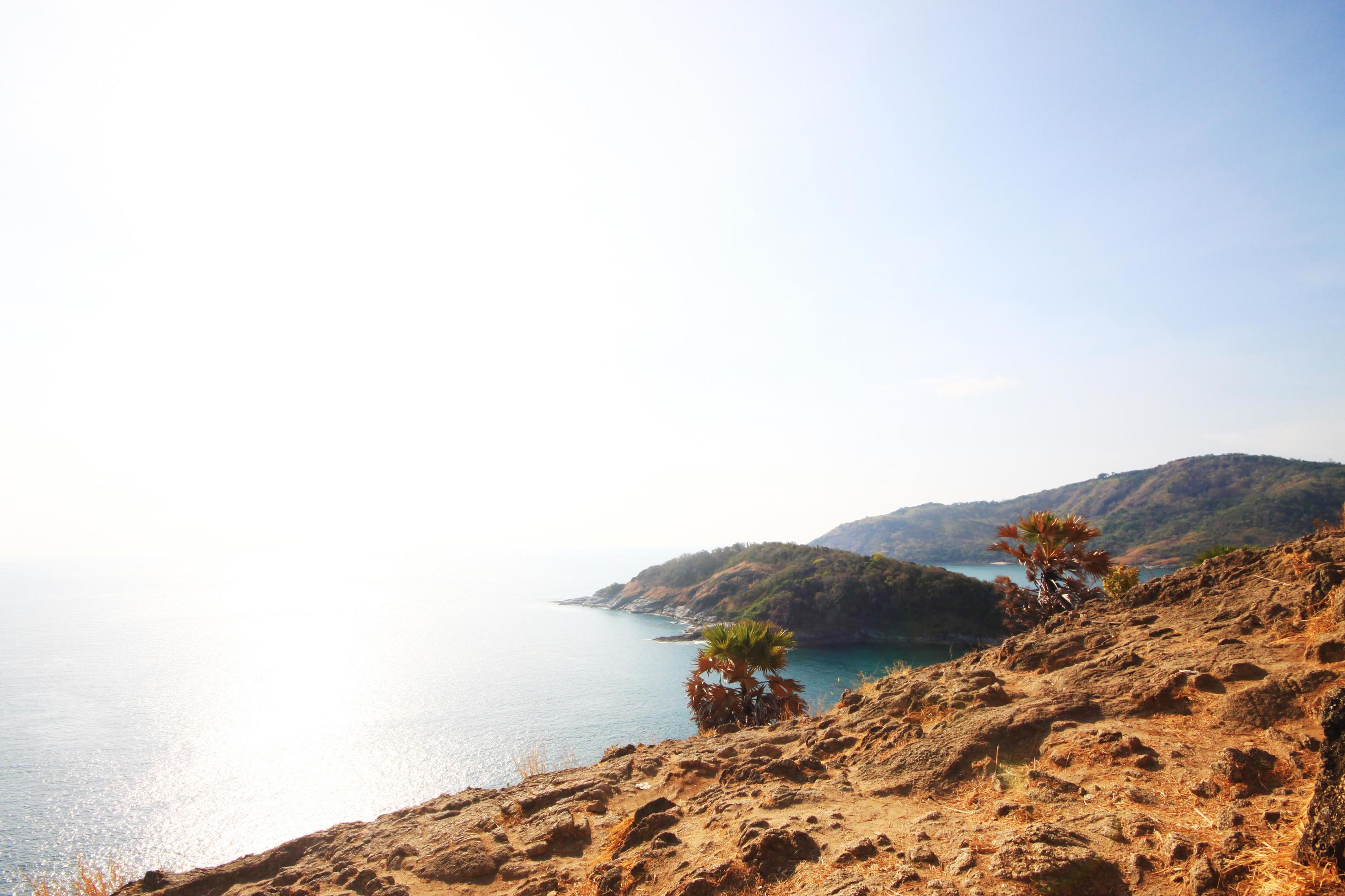 Beautiful seascape with sky twilight of sunset and Palm tree with Dry grass field on mountain of Phrom Thep Cape in Phuket island, Thailand. Stock Free