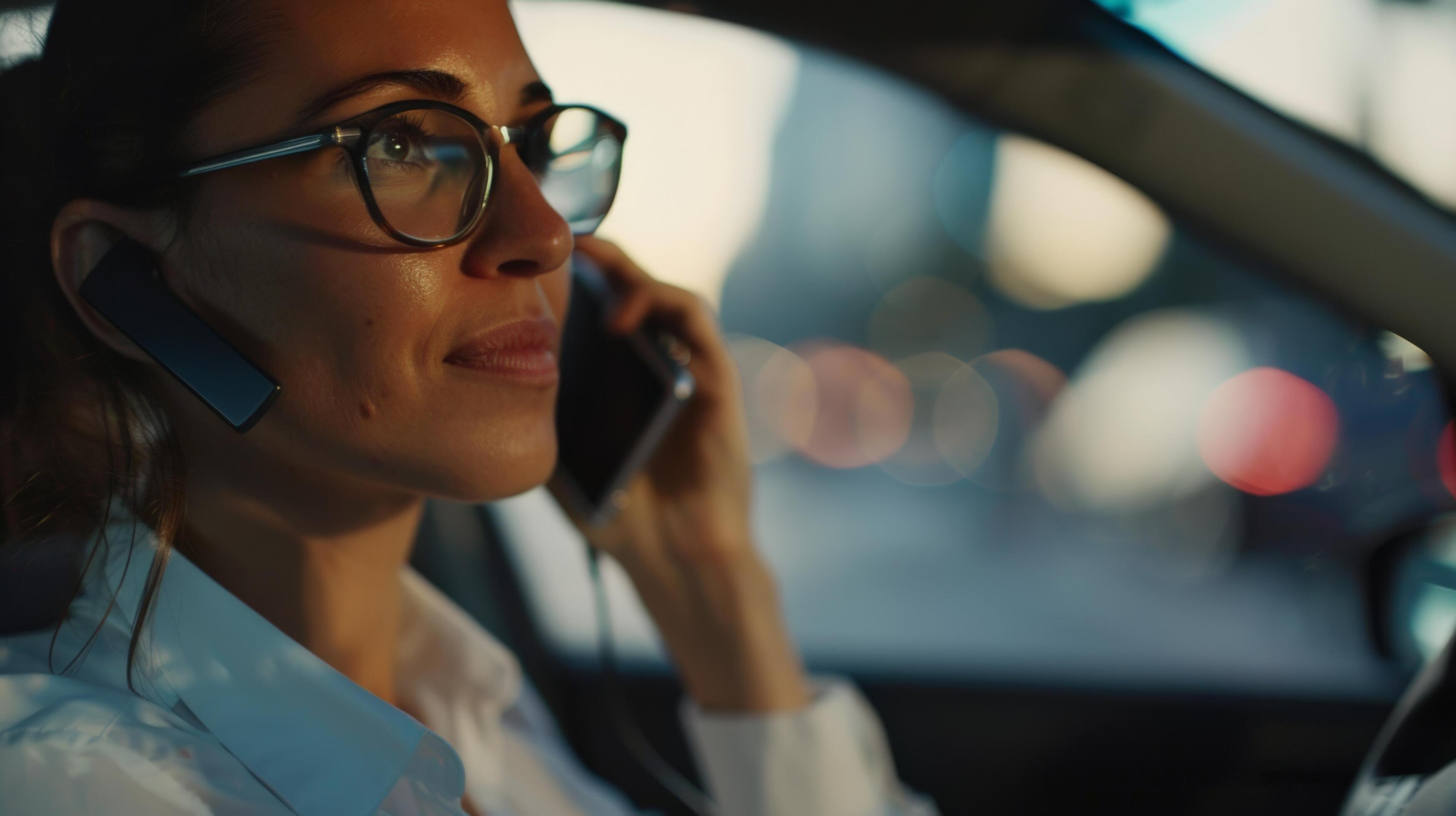 Woman with glasses driving car and talking on mobile phone via headset. Focused on road ahead, multitasking during commute Stock Free