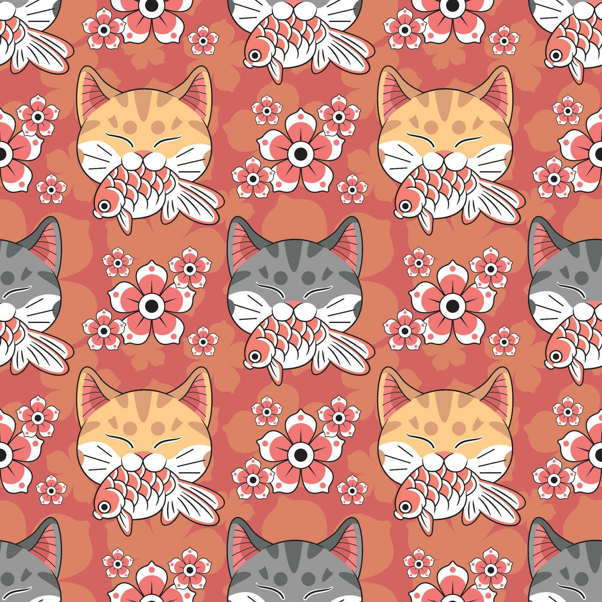 JAPANESE STYLE GREY AND ORANGE CAT IS BITING A KOI FISH WITH FLOWERS SEAMLESS PATTERN DESIGN. Stock Free