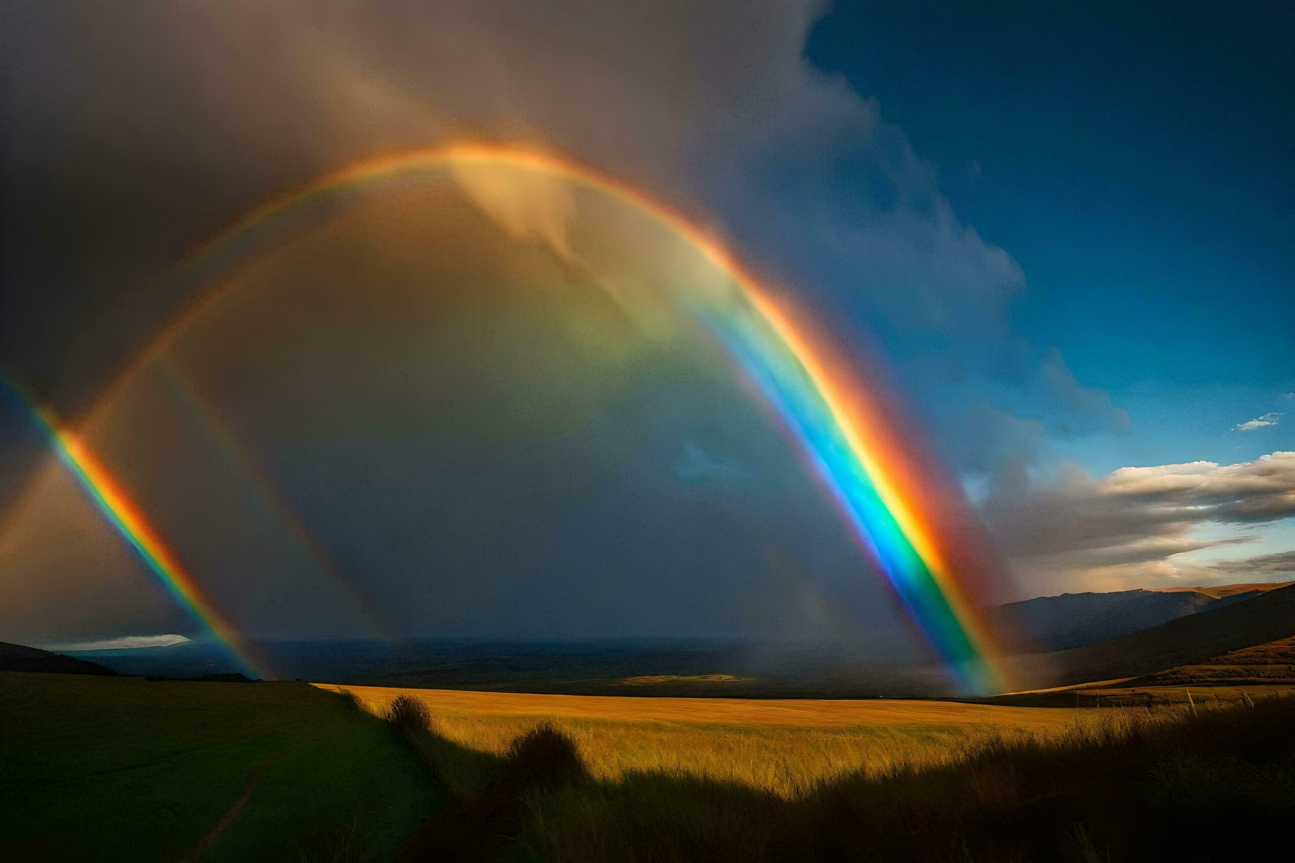 a rainbow appears over a field with grass and hills Free Photo