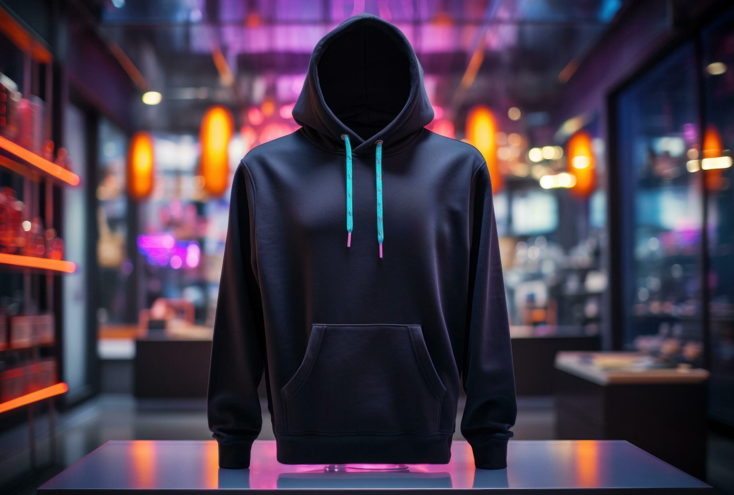 black hooded sweatshirt hanging from a display in front of a neon Free Photo