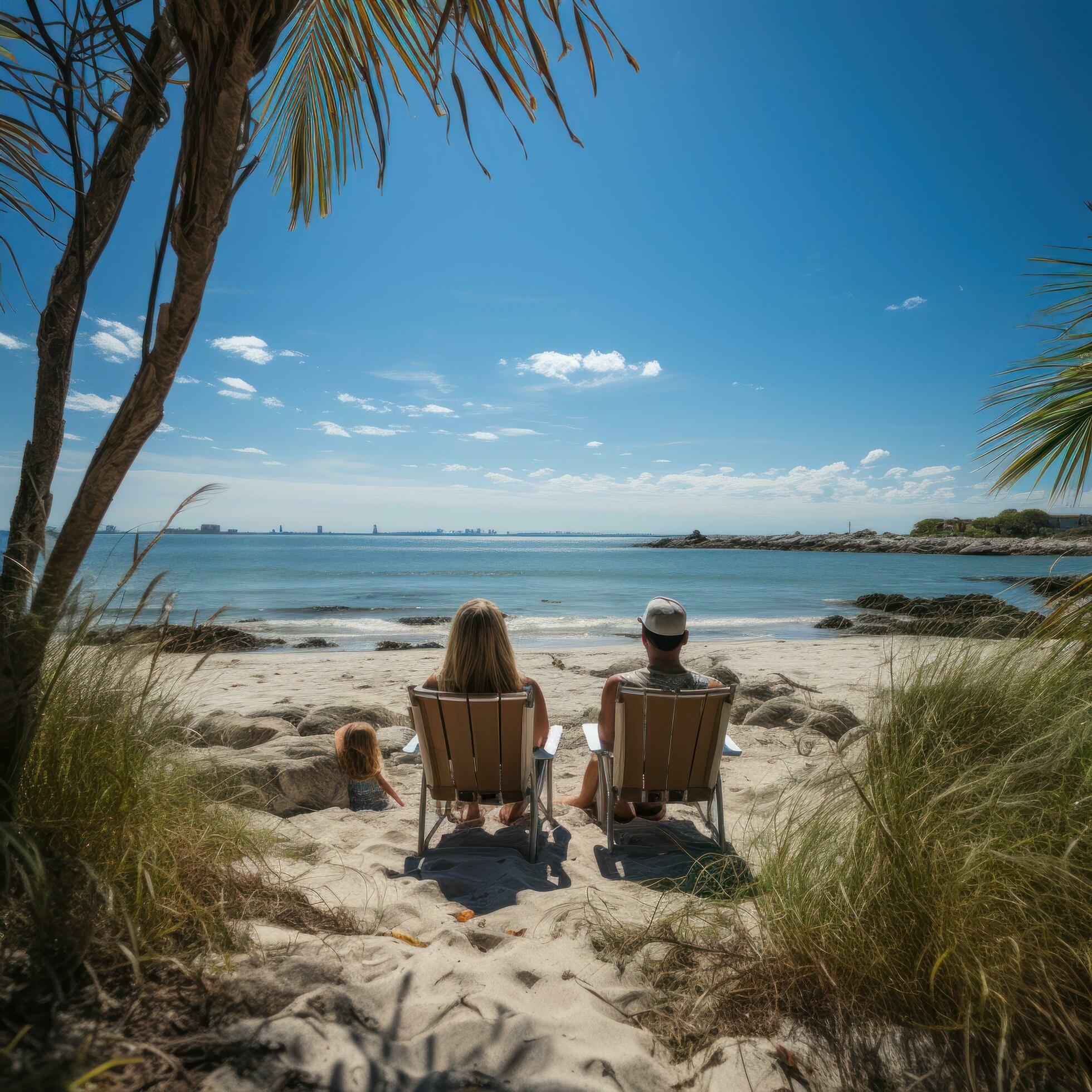 Relaxed family lounging on beach chairs and enjoying the view Stock Free