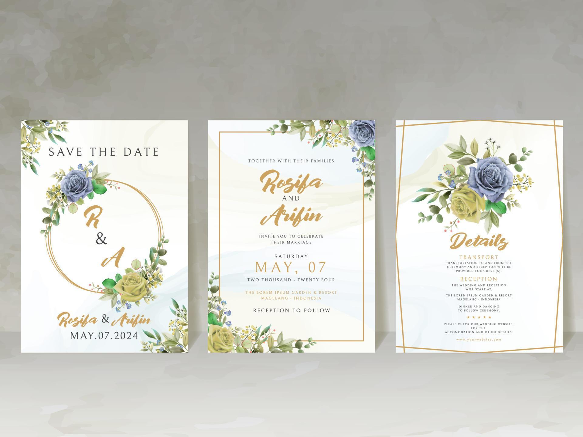 elegant wedding invitation card with blue and yellow flowers Stock Free