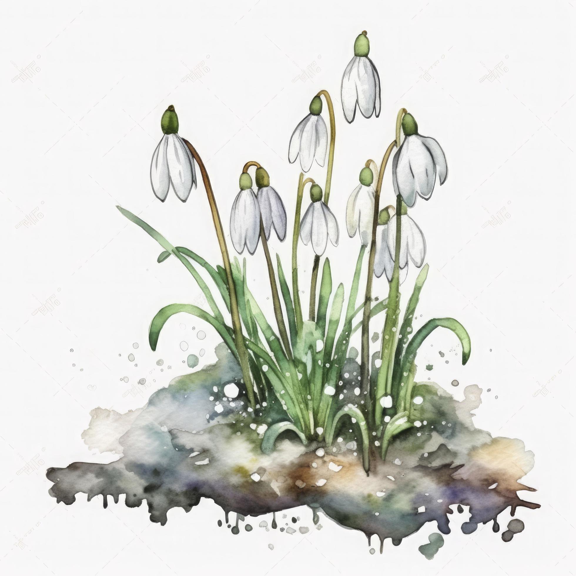 free snowdrops flowers water color, pastel ,white background , generat ai Stock Free