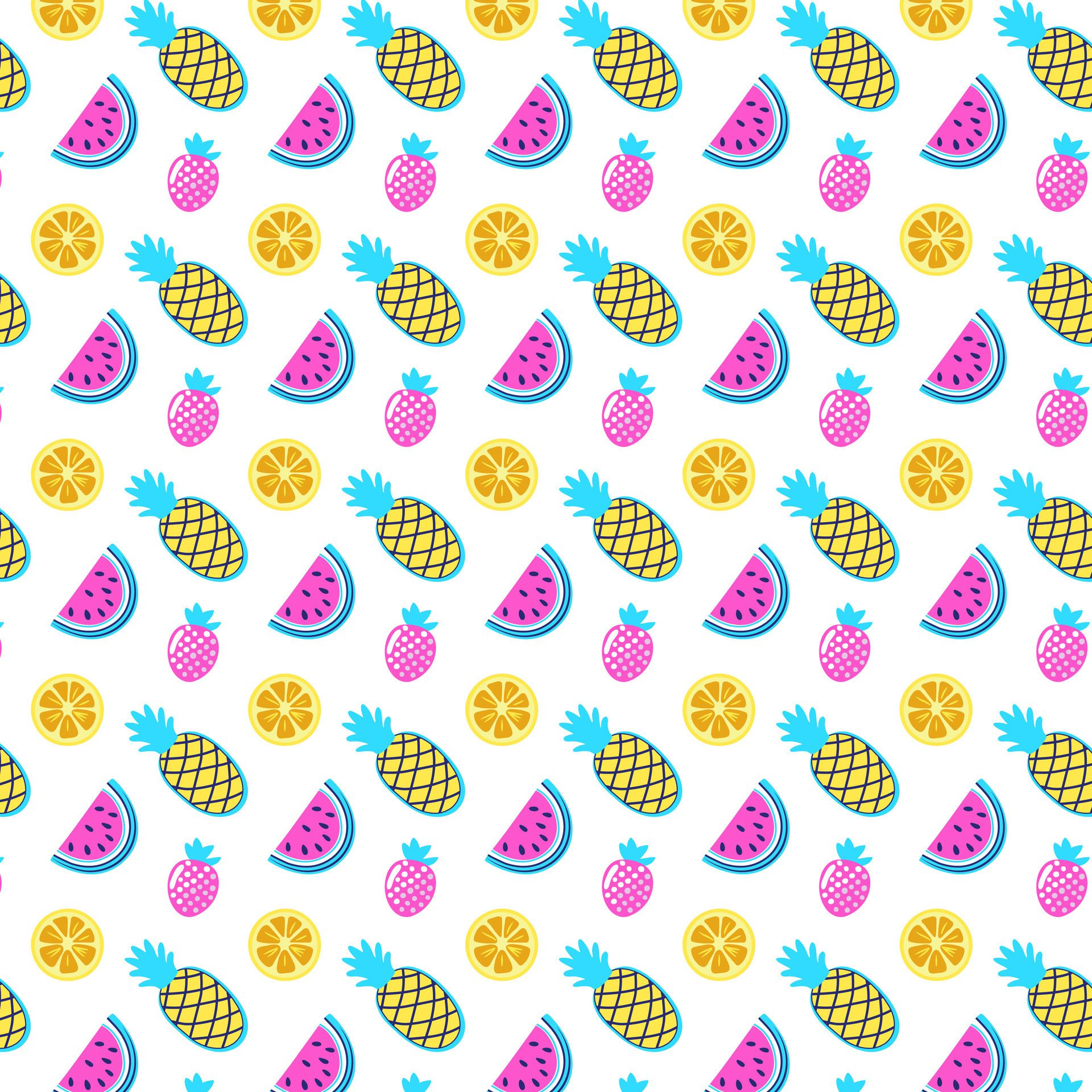 Fruit bright seamless pattern. Colorful tropical fruits on white background. Fashion illustration in modern style. Summer abstract design. Free Vector