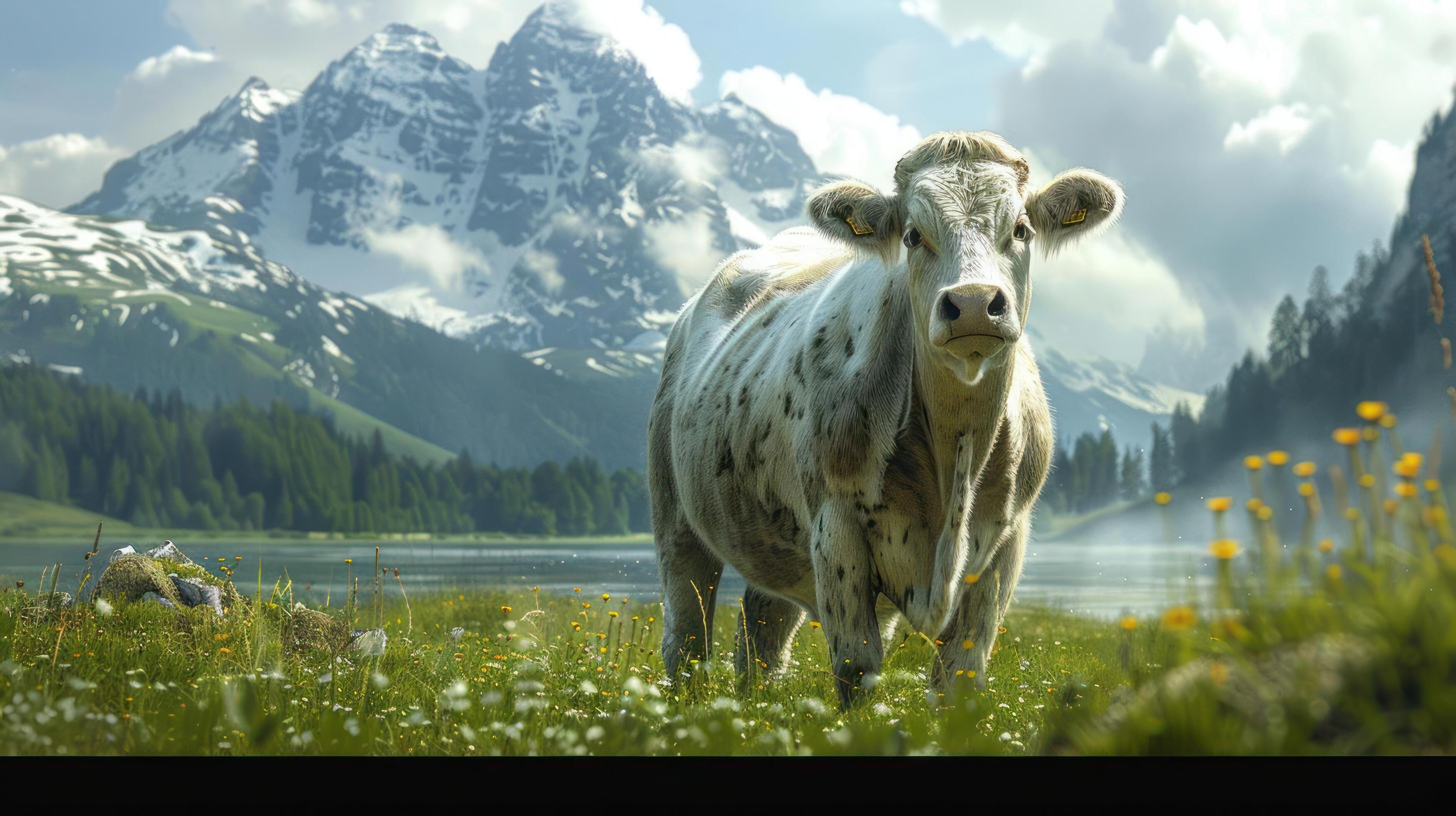 a cow standing in a field with mountains in the background Stock Free