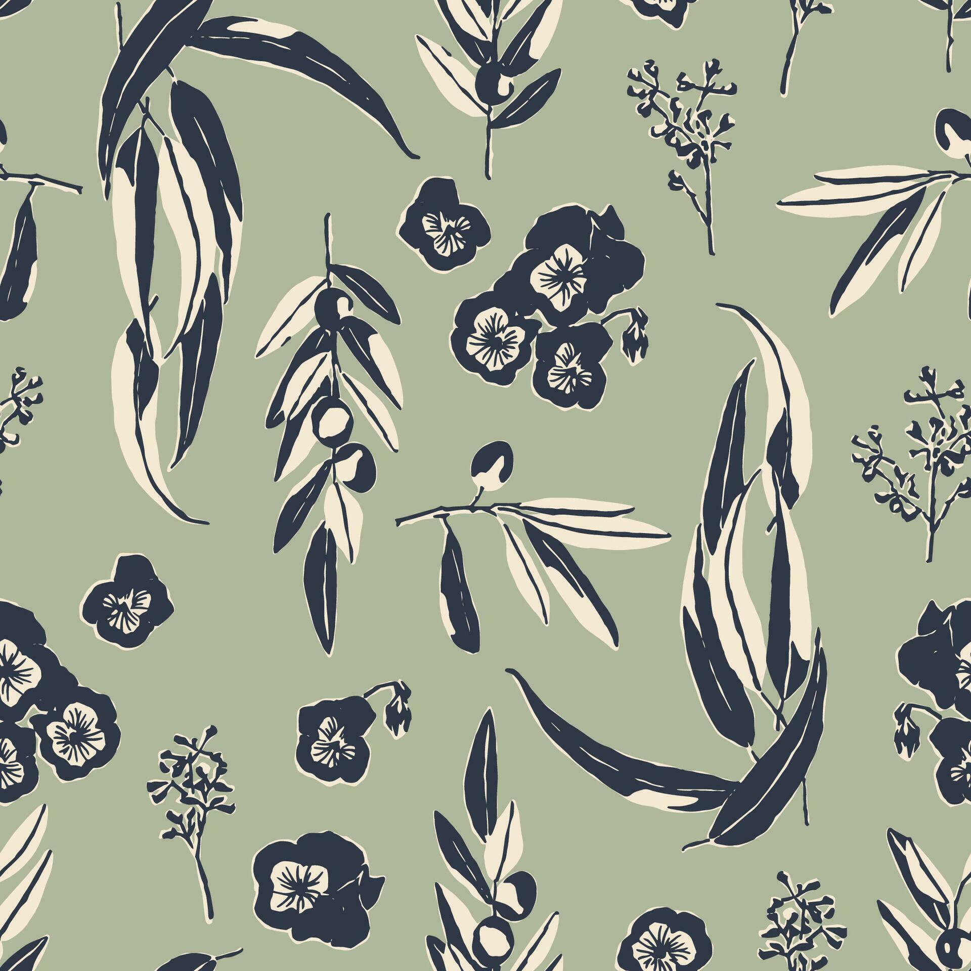 Vector leaf and flower hand drawing illustration seamless repeat pattern Stock Free