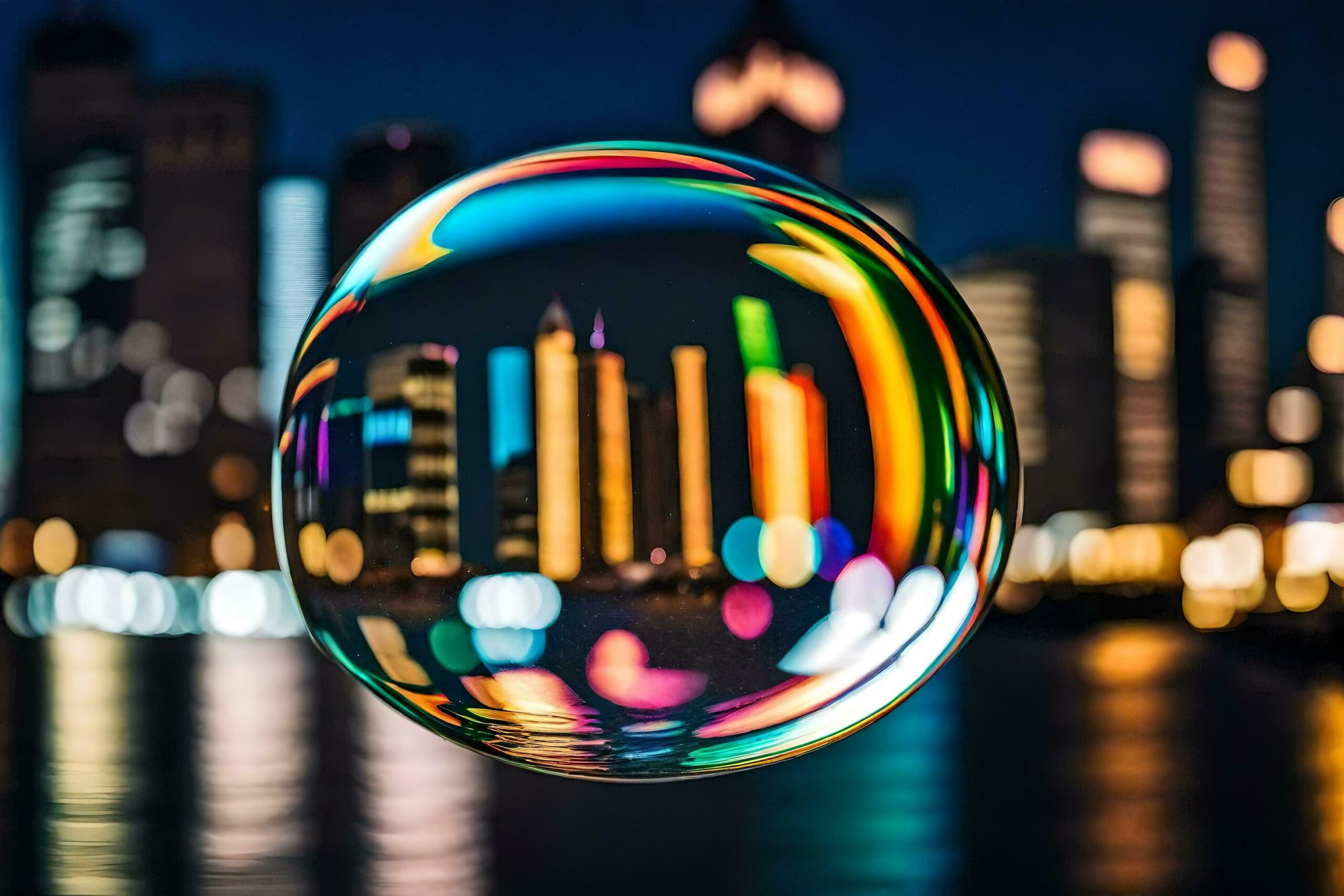 a colorful bubble with city lights in the background Free Photo