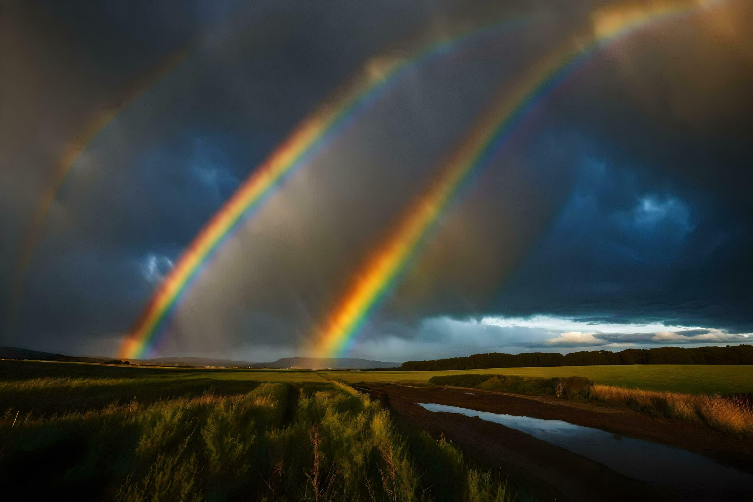 two double rainbows over a field Free Photo