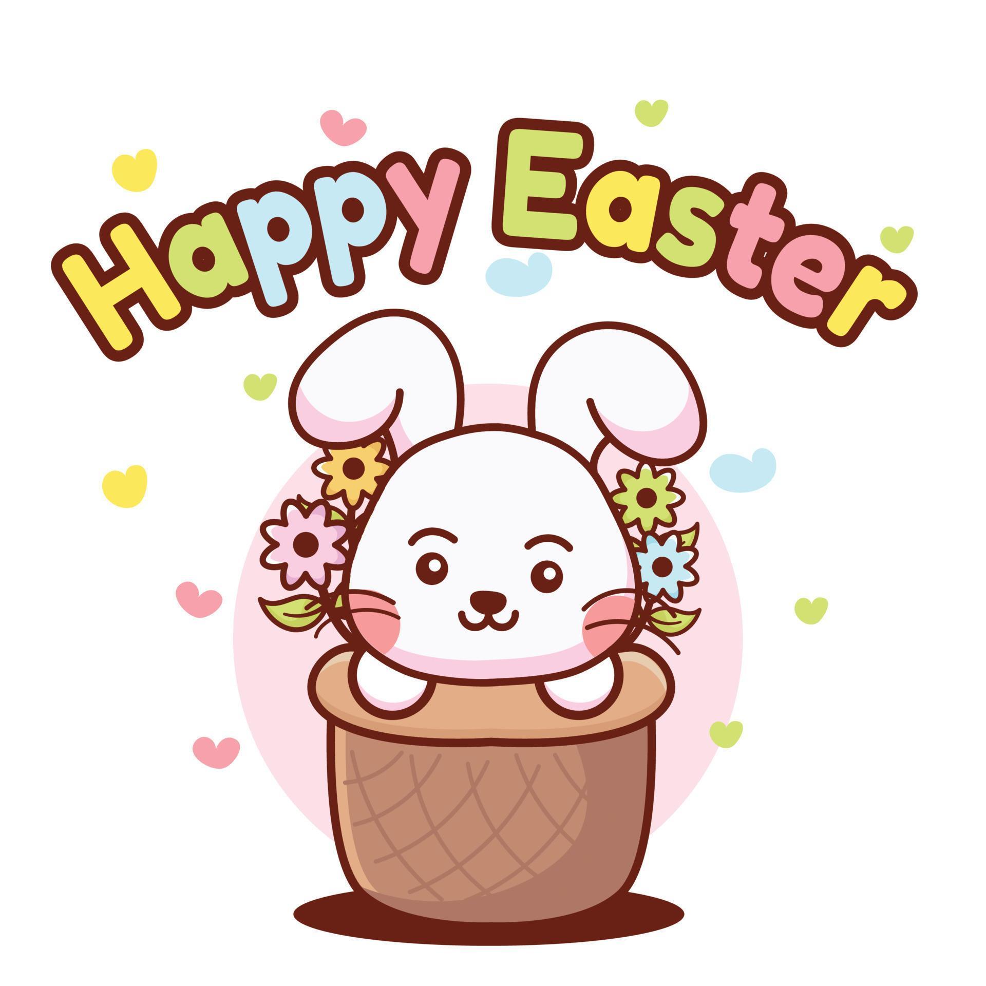 happy easter poster with cute bunny inside basket with flower and love Stock Free