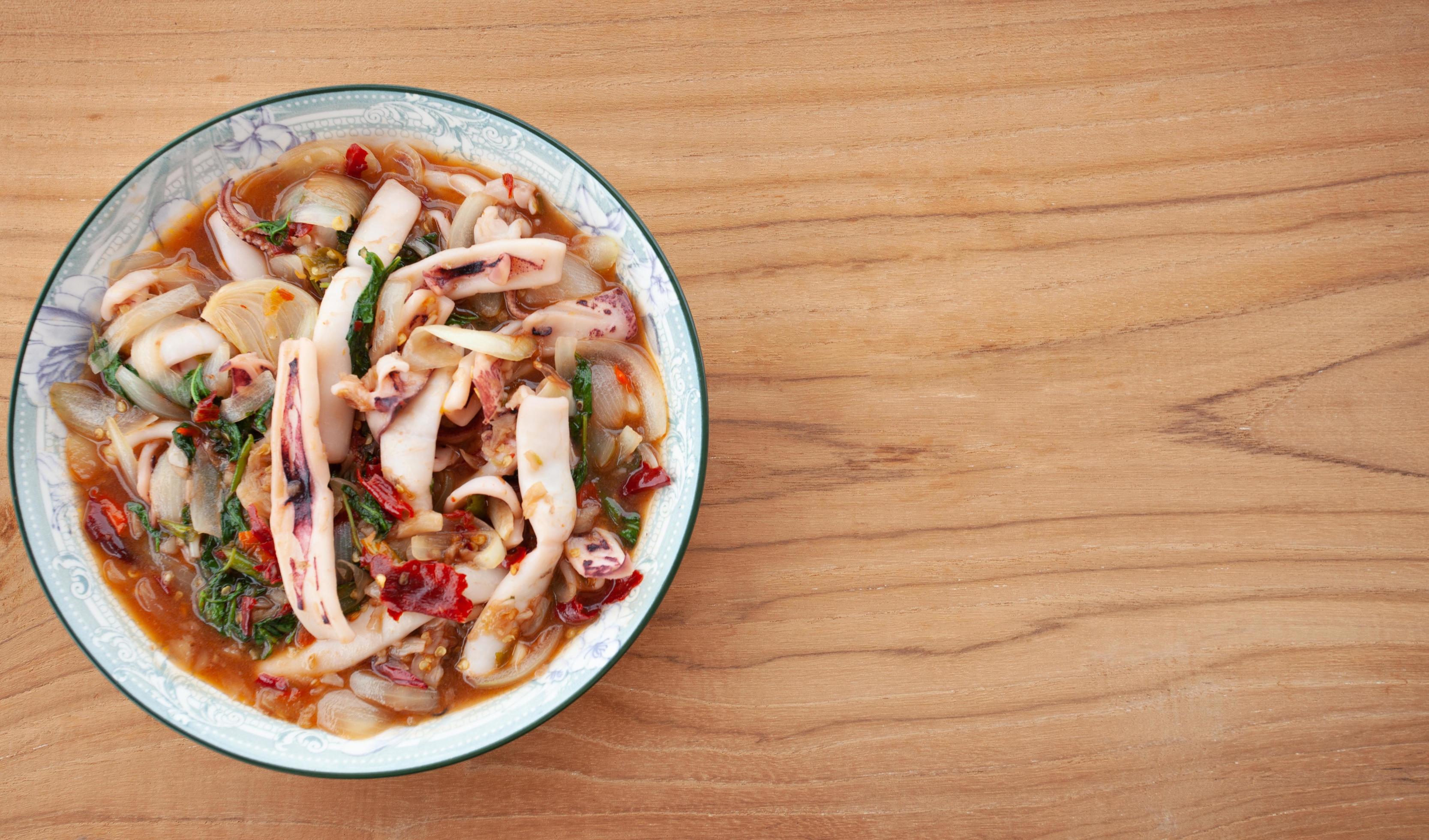 Street Food In Thailand, Stir Fried Squid with Basil Stock Free