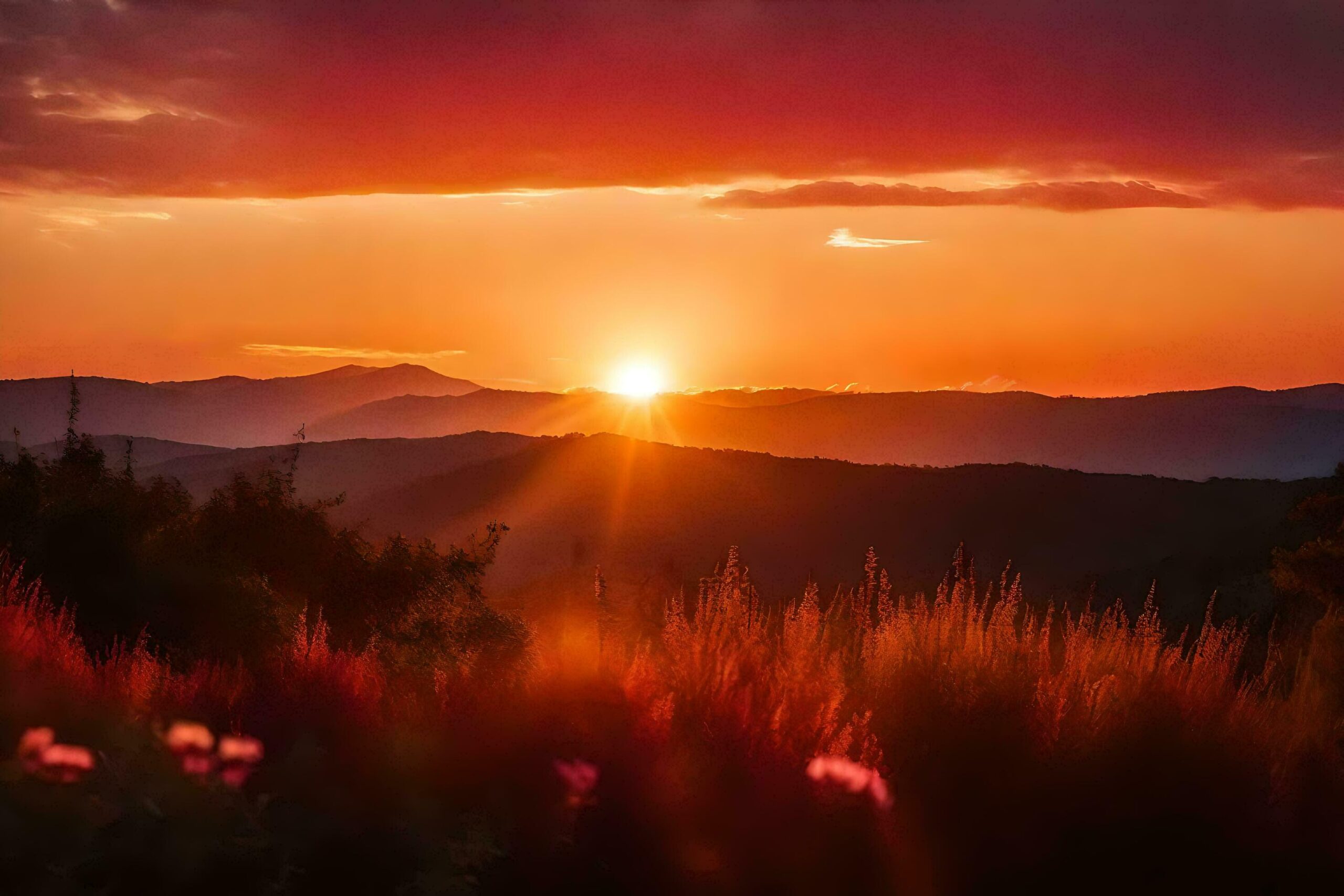 the sun sets over a mountain range with flowers in the foreground Free Photo