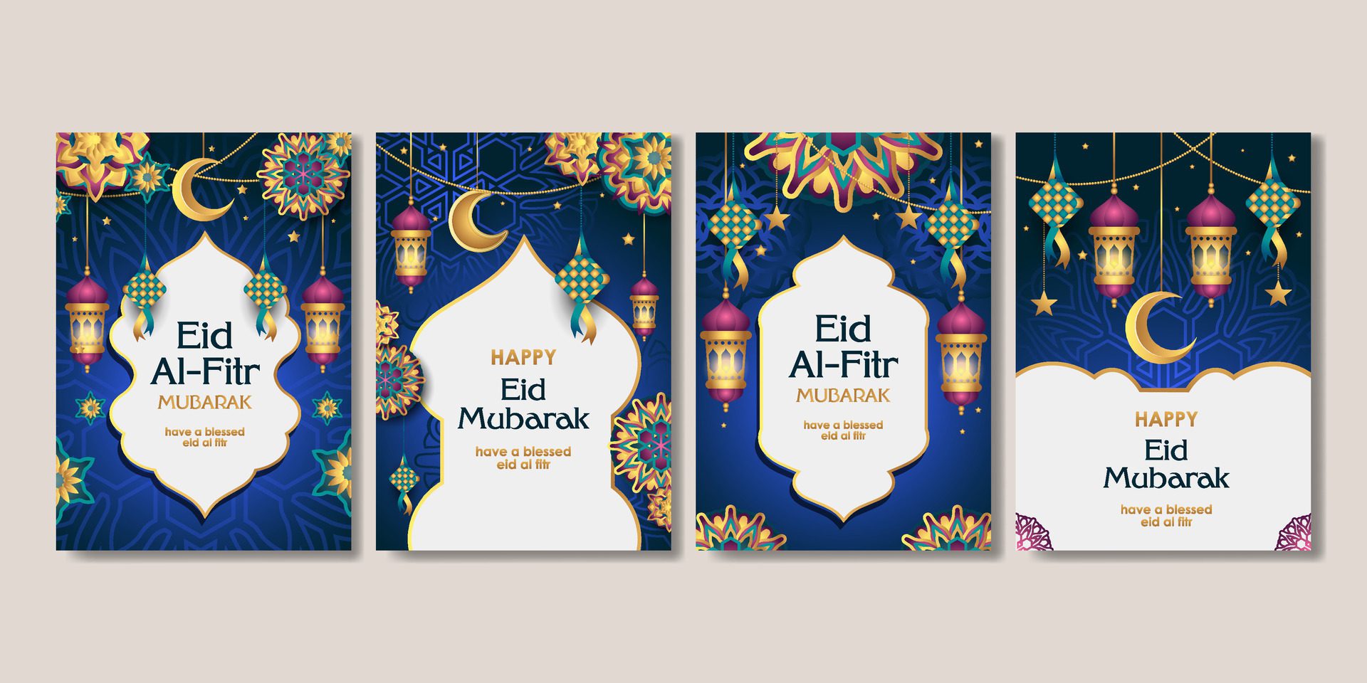 set of eid mubarak poster for social media story, card, banner, background Free Vector